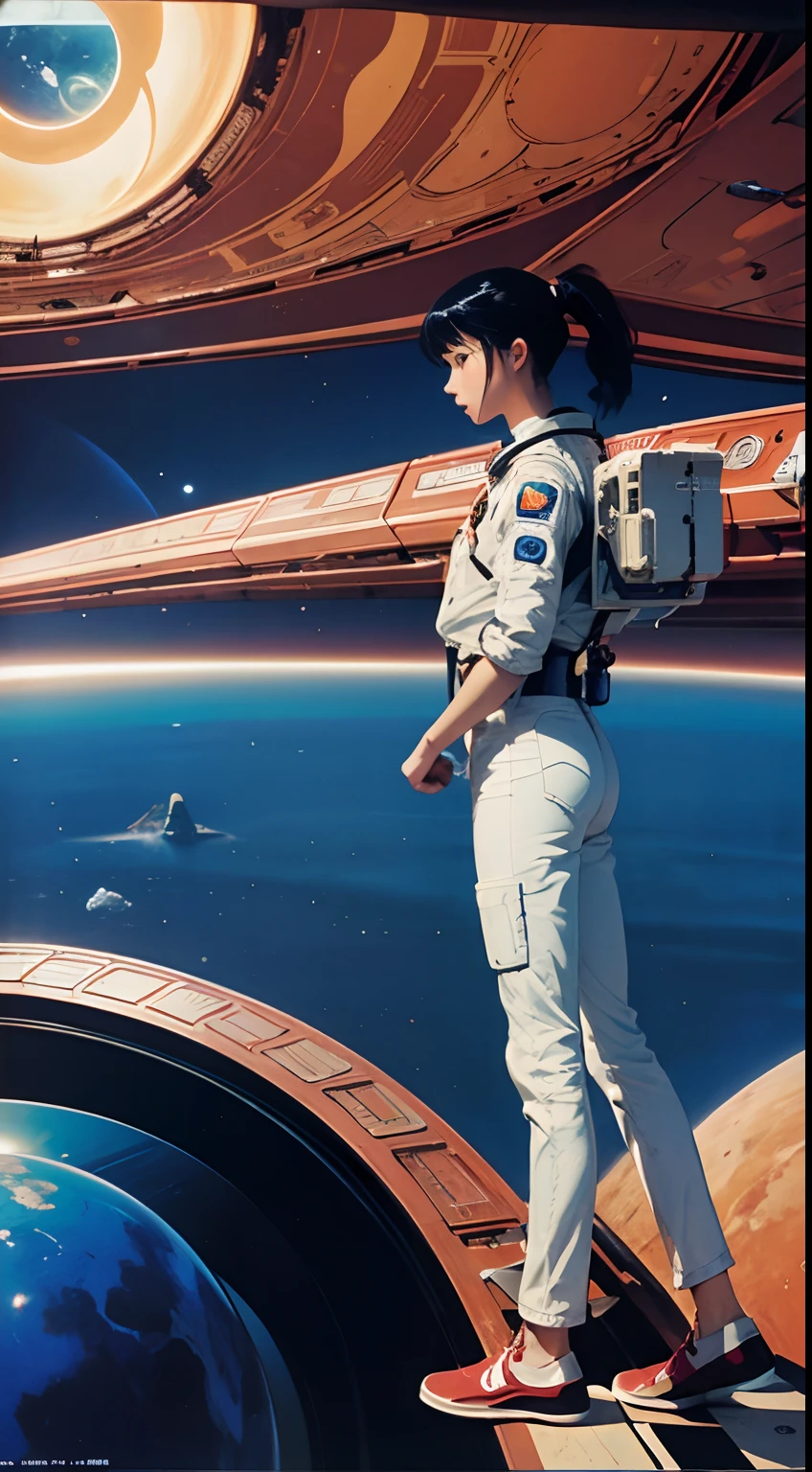 Jean Giraud, A E Marty, katsuhiro Otomo, surreal, Japanese anime, mysterious, strange, fantastic, sci-fi fantasy, astronaut, planet tour, trampoline, chessboard, girl, perfect body, detailed masterpiece