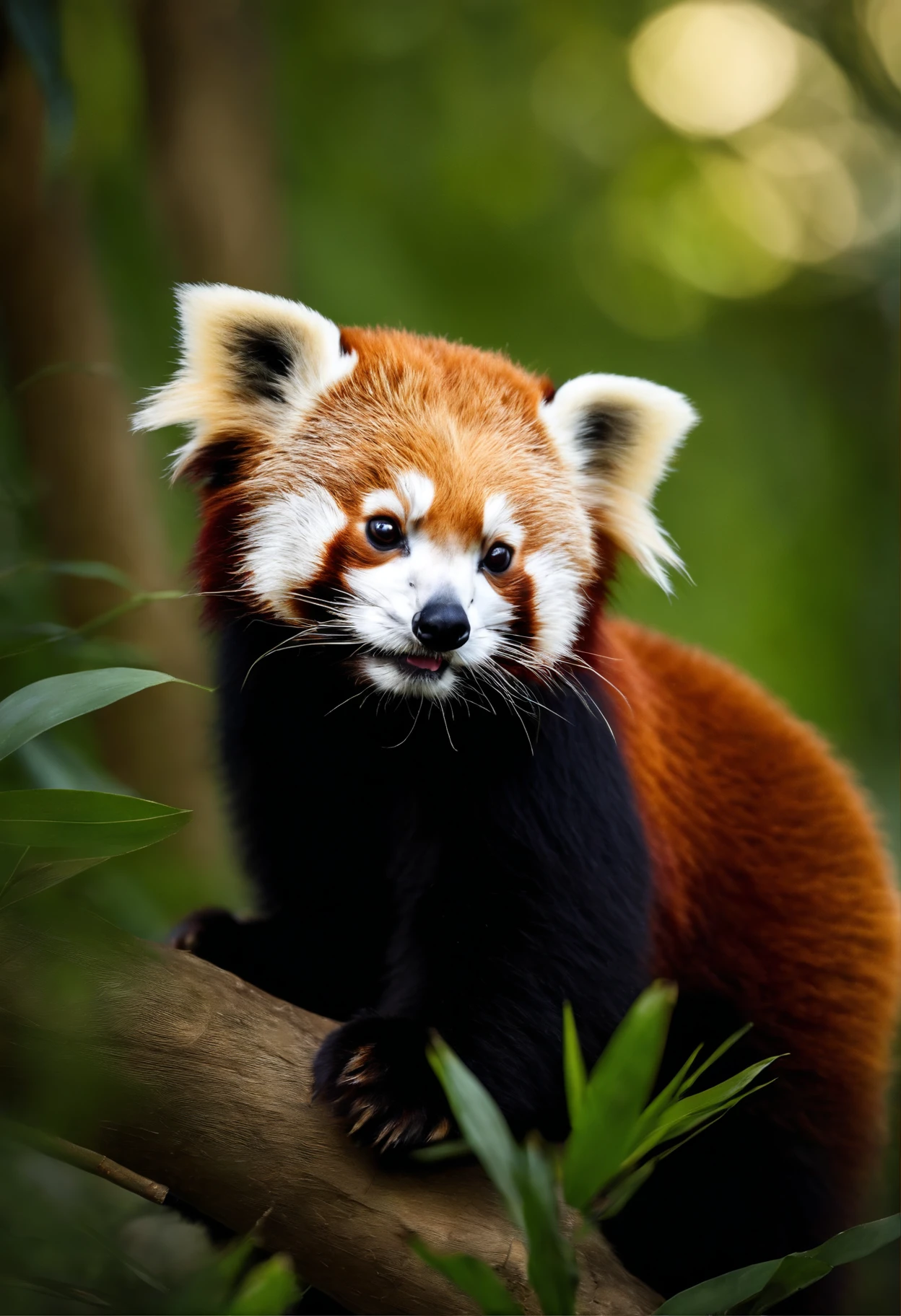 Raw photo, Close up of cute red panda, The background is a Chinese bamboo bush,