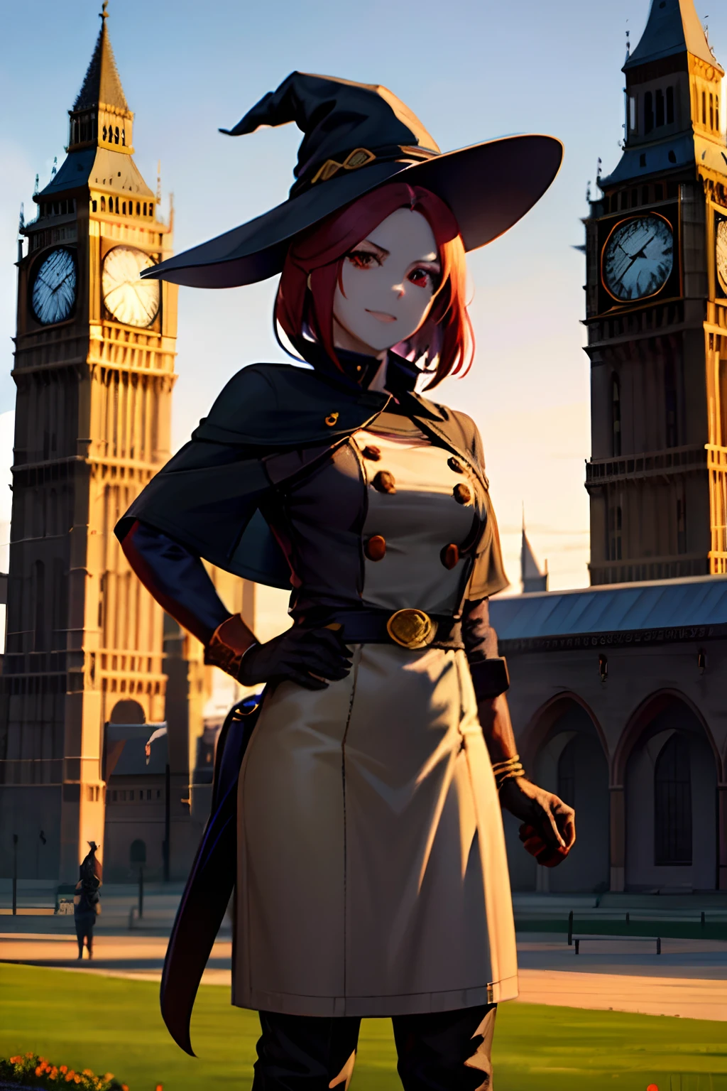 garota, red hair, sorridente, pale skin, sarna no rosto, witch hat, black hat, jaqueta marrom,saia xadrez vermelha, em uma cidade na Europa, British Country, Clock tower in the background, 4k, Sunset