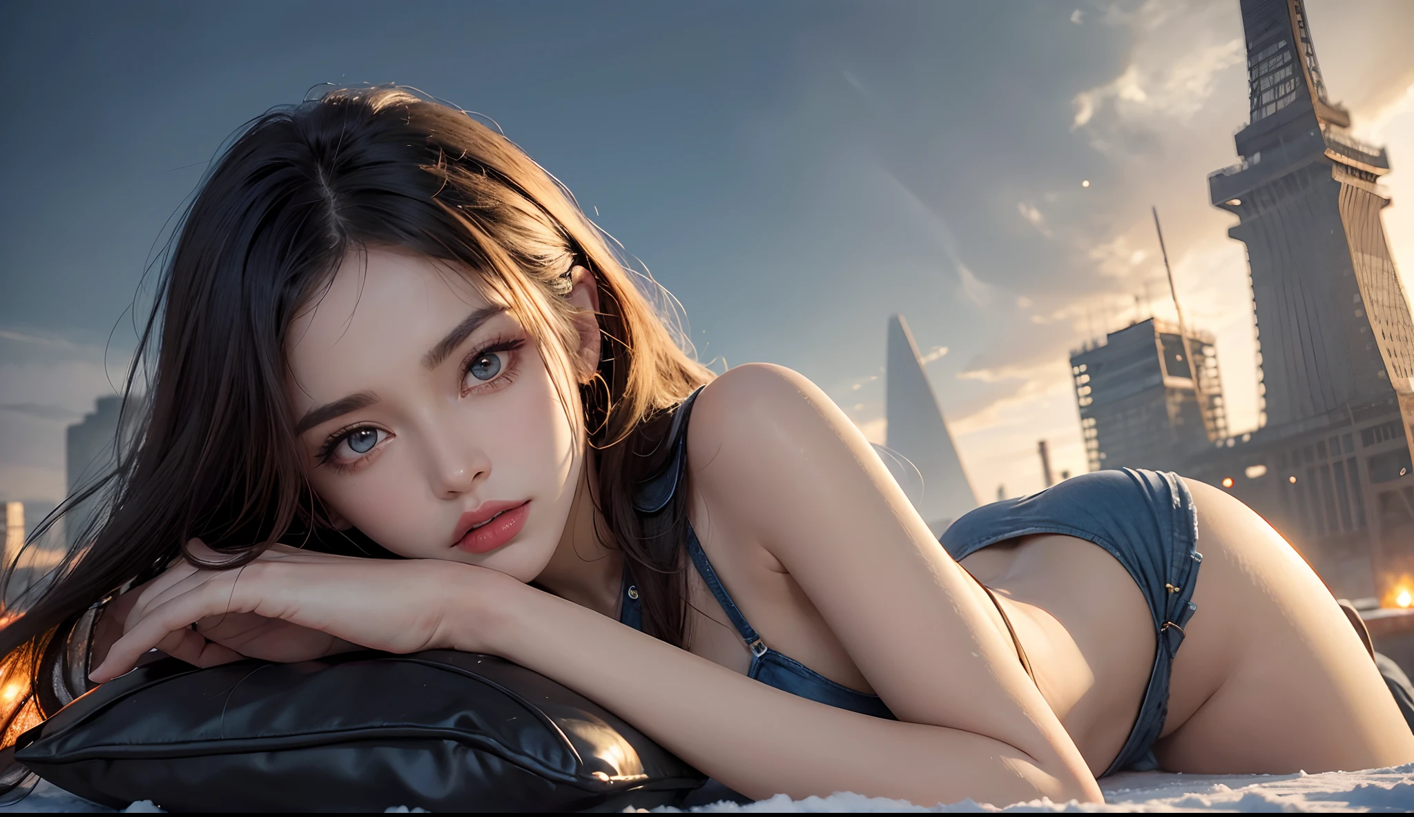 Sexy goddess,The facial features are extremely beautiful,body shape is slim,Bigchest,Lie in the flowers,artistic pose,Volcanic eruption in background,Strange sky,Singular clouds,Close-up of the light
