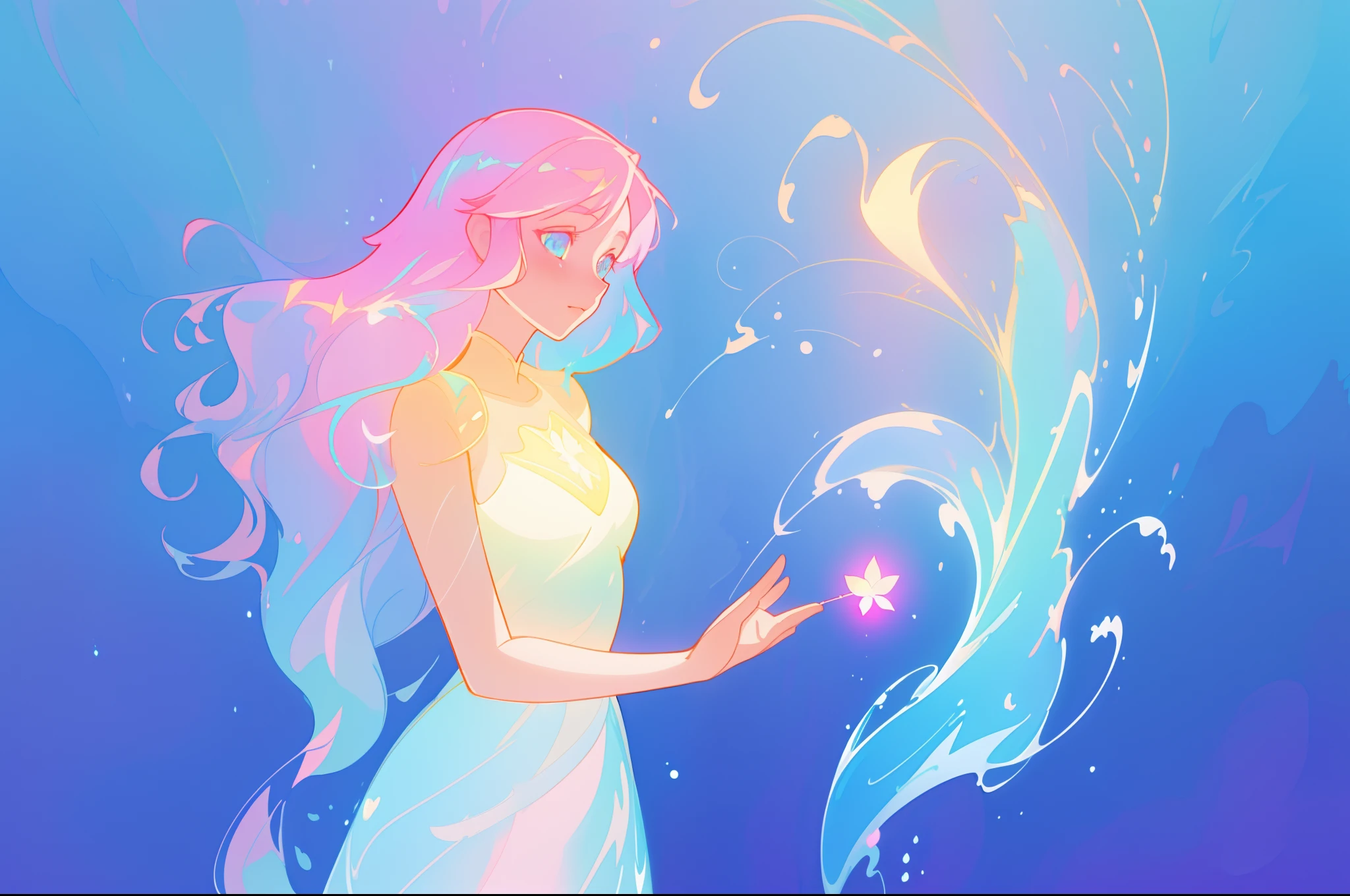 beautiful anime girl in colorful dress made of water, vibrant pastel colors, (colorful), magical liquid lights, colorful long hair made of liquid light, sparkling lines of light, inspired by Glen Keane, inspired by Lois van Baarle, disney art style, by Lois van Baarle, glowing aura around her, by Glen Keane, jen bartel, glowing lights! digital painting, flowing glowing hair, glowing flowing hair, beautiful digital illustration, fantasia background, whimsical, magical, fantasy, beautiful face, ((masterpiece, best quality)), intricate details, highly detailed, sharp focus, 8k resolution, sparkling detailed eyes, liquid watercolor