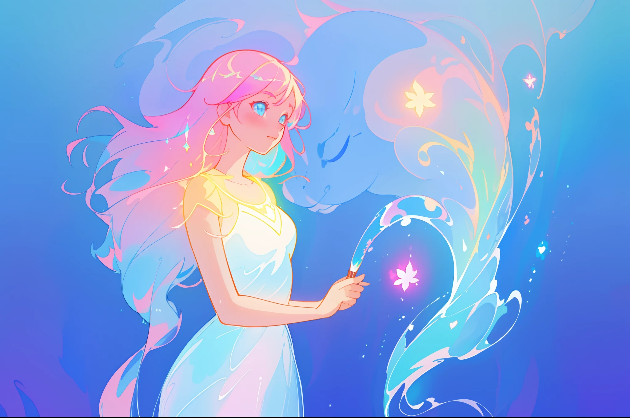 beautiful anime girl in colorful dress made of water, vibrant pastel colors, (colorful), magical liquid lights, colorful long hair made of liquid light, sparkling lines of light, inspired by Glen Keane, inspired by Lois van Baarle, disney art style, by Lois van Baarle, glowing aura around her, by Glen Keane, jen bartel, glowing lights! digital painting, flowing glowing hair, glowing flowing hair, beautiful digital illustration, fantasia background, whimsical, magical, fantasy, beautiful face, ((masterpiece, best quality)), intricate details, highly detailed, sharp focus, 8k resolution, sparkling detailed eyes, liquid watercolor