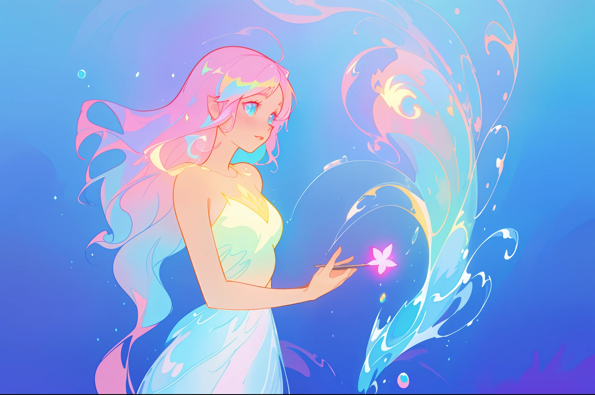 beautiful anime girl in colorful dress made of water, vibrant pastel colors, (colorful), magical liquid lights, colorful long hair made of liquid light, sparkling lines of light, inspired by Glen Keane, inspired by Lois van Baarle, disney art style, by Lois van Baarle, glowing aura around her, by Glen Keane, jen bartel, glowing lights! digital painting, flowing glowing hair, glowing flowing hair, beautiful digital illustration, fantasia background, whimsical, magical, fantasy, beautiful face, ((masterpiece, best quality)), intricate details, highly detailed, sharp focus, 8k resolution, sparkling detailed eyes, liquid watercolor