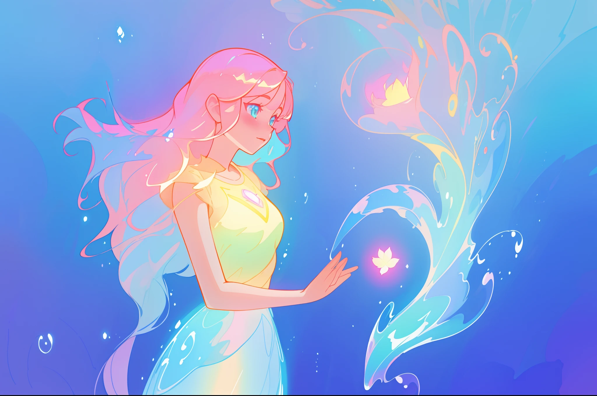 beautiful anime girl in colorful dress made of water, vibrant pastel colors, (colorful), magical liquid lights, colorful long hair made of liquid light, sparkling lines of light, inspired by Glen Keane, inspired by Lois van Baarle, disney art style, by Lois van Baarle, glowing aura around her, by Glen Keane, jen bartel, glowing lights! digital painting, flowing glowing hair, glowing flowing hair, beautiful digital illustration, fantasia background, whimsical, magical, fantasy, beautiful face, ((masterpiece, best quality)), intricate details, highly detailed, sharp focus, 8k resolution, sparkling detailed eyes, liquid watercolor