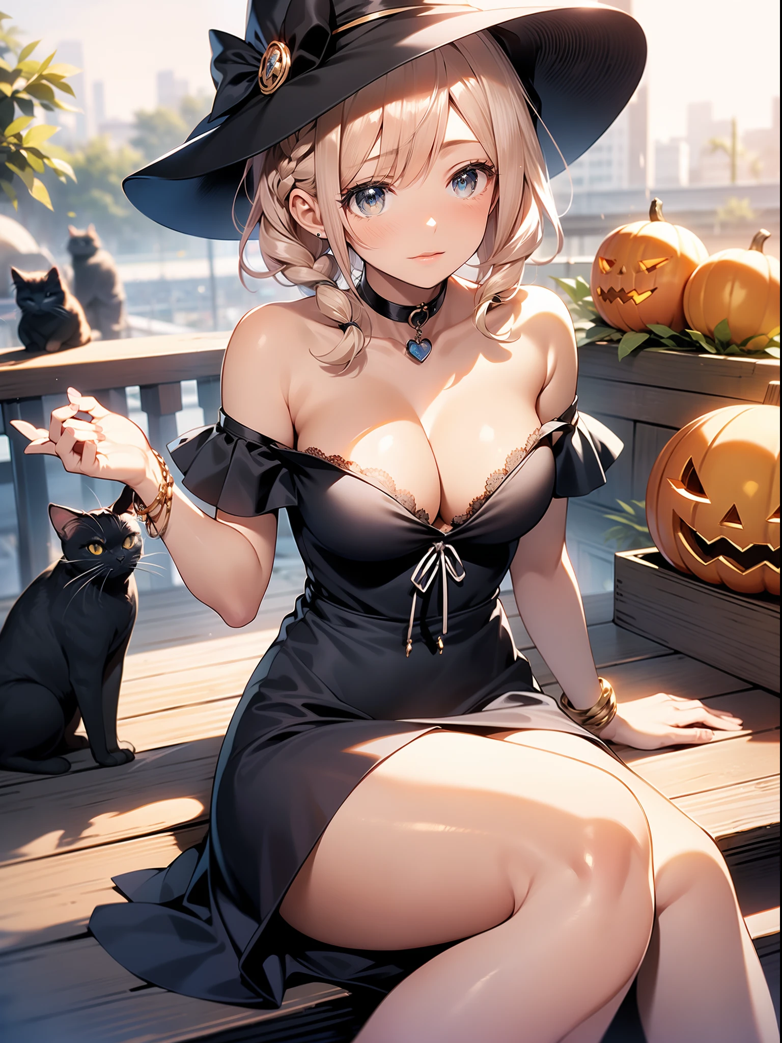 in 8K、top-quality、​masterpiece、ultra-detailliert、Ultra-high resolution、((1 persons))、girl with、Halloween、midnight、crescent、witch's hat、a blond、a short bob、Braided hair、Black Dress、cleavage of the breast、bare shoulders​、Clean thighs、makeups、eyeshadows、A bracelet、Pendants、A bustling city、Sit on a triangular roof、Black cat