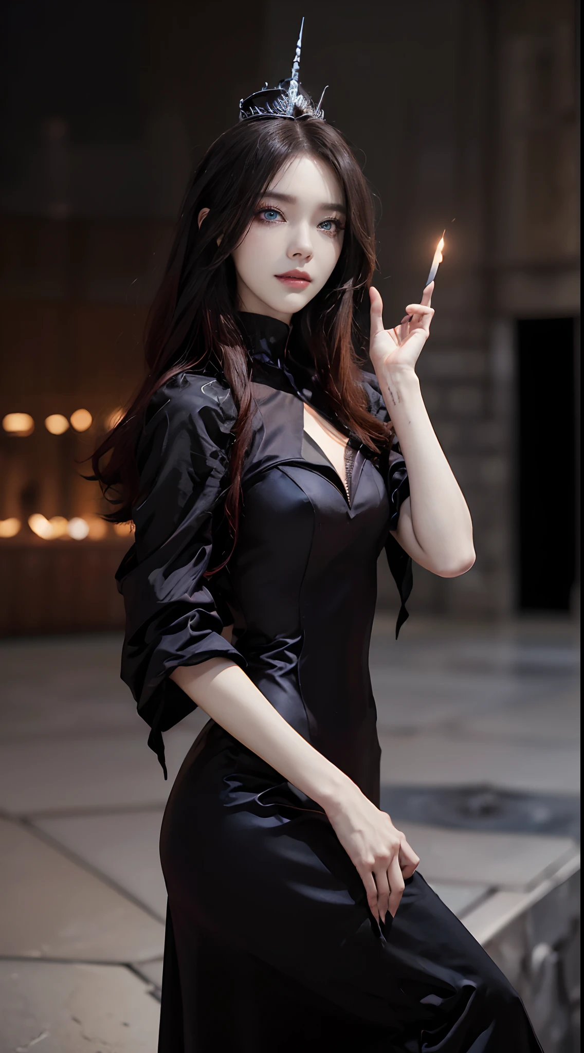 ((4K works))、masterpiece、(top-quality)、((One Beautiful Villain Girl))、Slim body、tall、((Villain Black Dress Fashion))、(Detailed beautiful eyes)、Shot at White Castle, Where the villain queen lives、((Face similar to Carly Rae Jepsen))、((Long boyish red hair))、((Smaller face))、((Neutral face))、((Bright blue eyes))、((American adult women))、((Adult female 26 years old))、((cool lady))、((Like a celebrity))、((Like the villain queen))、((Smiling expression))、((Korean Makeup))、((Villain Queen Makeup))、((elongated and sharp eyes))、((boyish))、((Villain Queen))、((Photograph her from afar))、((Shot diagonally from the side))、Professional Photos、Villain Queen photo、villain pose、((Shot alone))