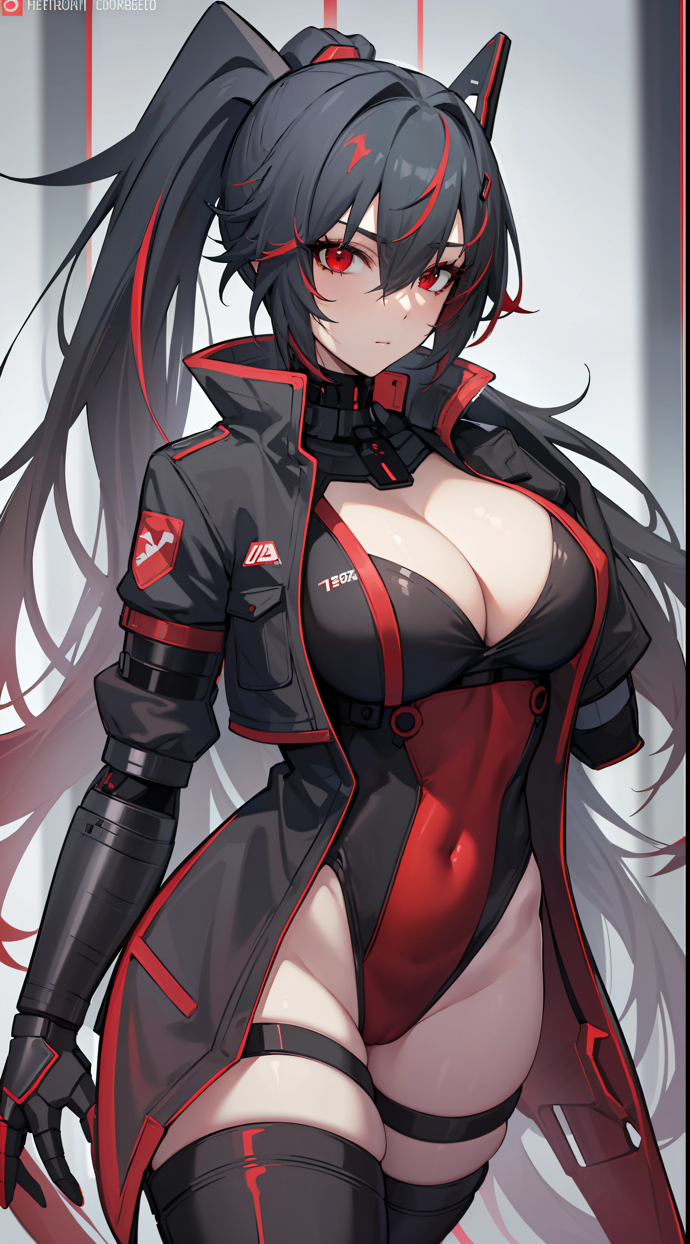 (best quality, masterpiece, anime) (solo) (black hair, very long hair, single ponytail), (heterochromia_eyes_red_and_blue:1.4), thick thighs, huge breasts, muscular, athletic, cyborg, (robot arms:1.3), (robot legs:1.2), Cyber Ninja, (high-leg leotard, one-piece, red_black_outift:1.3, cleavage), pantyhose, (jacket:1.3), headgear, toned body, 1 woman, (age 30), katana, beautiful, sexy, first rate body, Lucia_Crimson_Weave, Lucia