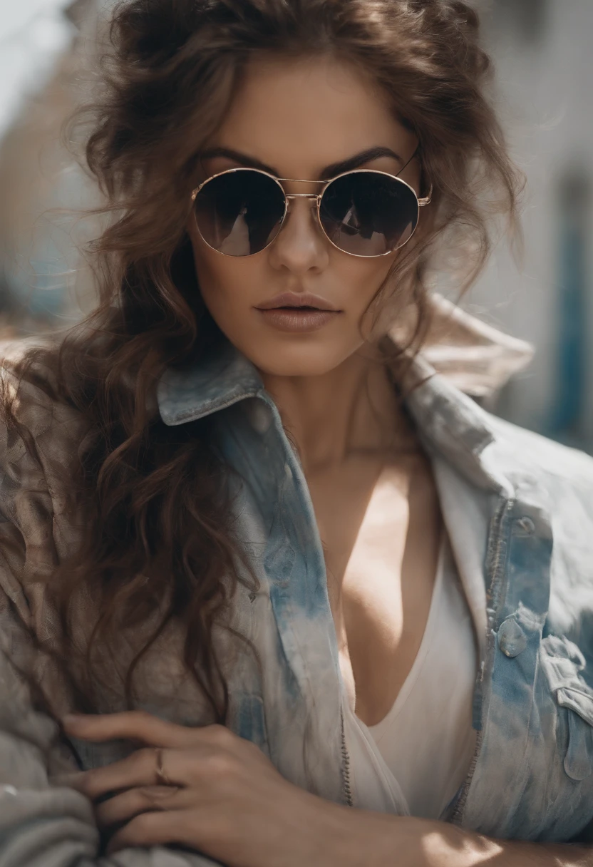 Perfect centralization, lindo lobo. Use uma jaqueta da equipe de estudantes, wear sunglasses, Usar fones de ouvido, alegria, standing position, Beleza abstrata, Centrado, looking at the camera, in front of camera, nearing perfection, Dynamic, altamente detalhado, liso, foco nítido, 8k, high-definition resolution, 插圖, arte de Carne Griffiths e Wadim Kashin, fundo branco