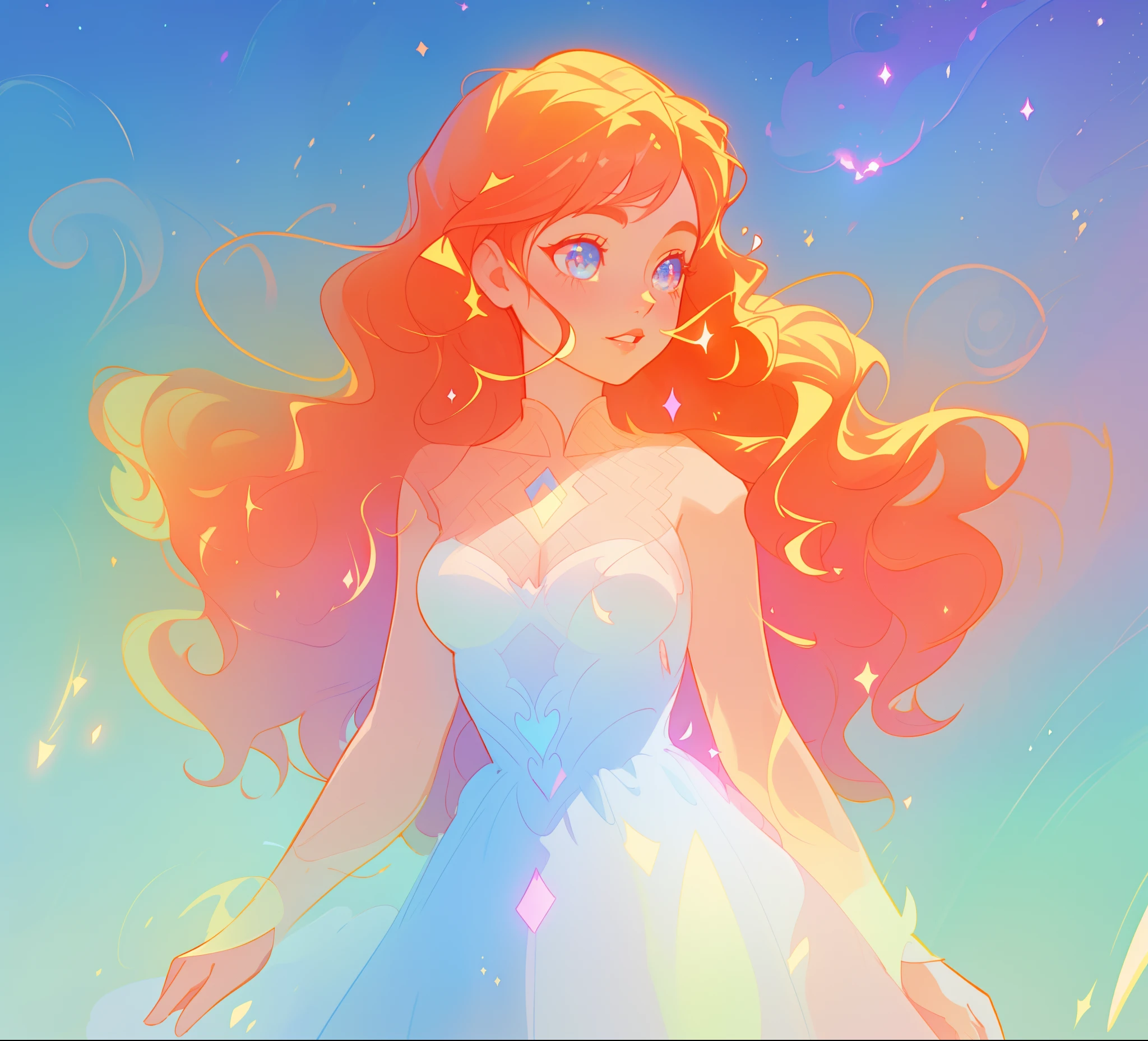 beautiful anime girl in white princess ballgown, vibrant pastel colors, (colorful), magical lights, red and gold long wavy curly hair, sparkling lines of light, inspired by Glen Keane, inspired by Lois van Baarle, disney art style, by Lois van Baarle, glowing aura around her, by Glen Keane, jen bartel, glowing lights! digital painting, flowing glowing hair, glowing flowing hair, beautiful digital illustration, fantasia background, whimsical, magical, fantasy, beautiful face, ((masterpiece, best quality)), intricate details, highly detailed, sharp focus, 8k resolution, sparkling detailed eyes, liquid watercolor