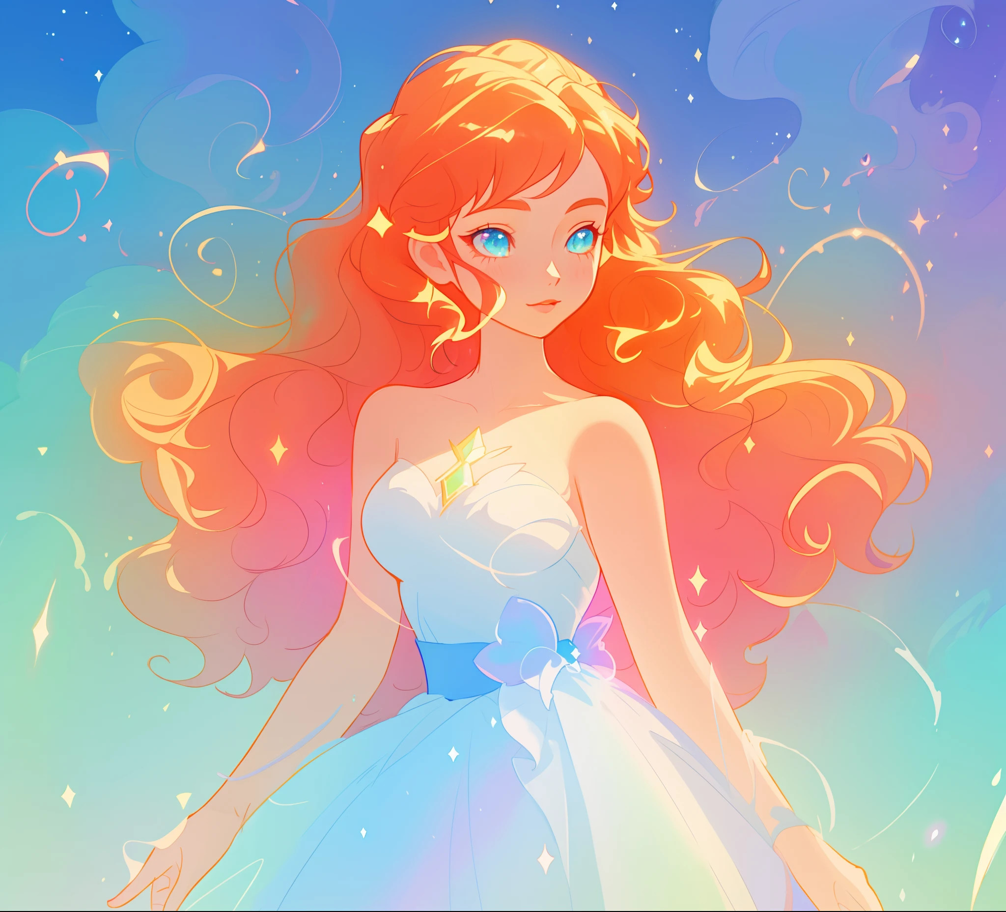 beautiful anime girl in white princess ballgown, vibrant pastel colors, (colorful), magical lights, red and gold long wavy curly hair, sparkling lines of light, inspired by Glen Keane, inspired by Lois van Baarle, disney art style, by Lois van Baarle, glowing aura around her, by Glen Keane, jen bartel, glowing lights! digital painting, flowing glowing hair, glowing flowing hair, beautiful digital illustration, fantasia background, whimsical, magical, fantasy, beautiful face, ((masterpiece, best quality)), intricate details, highly detailed, sharp focus, 8k resolution, sparkling detailed eyes, liquid watercolor