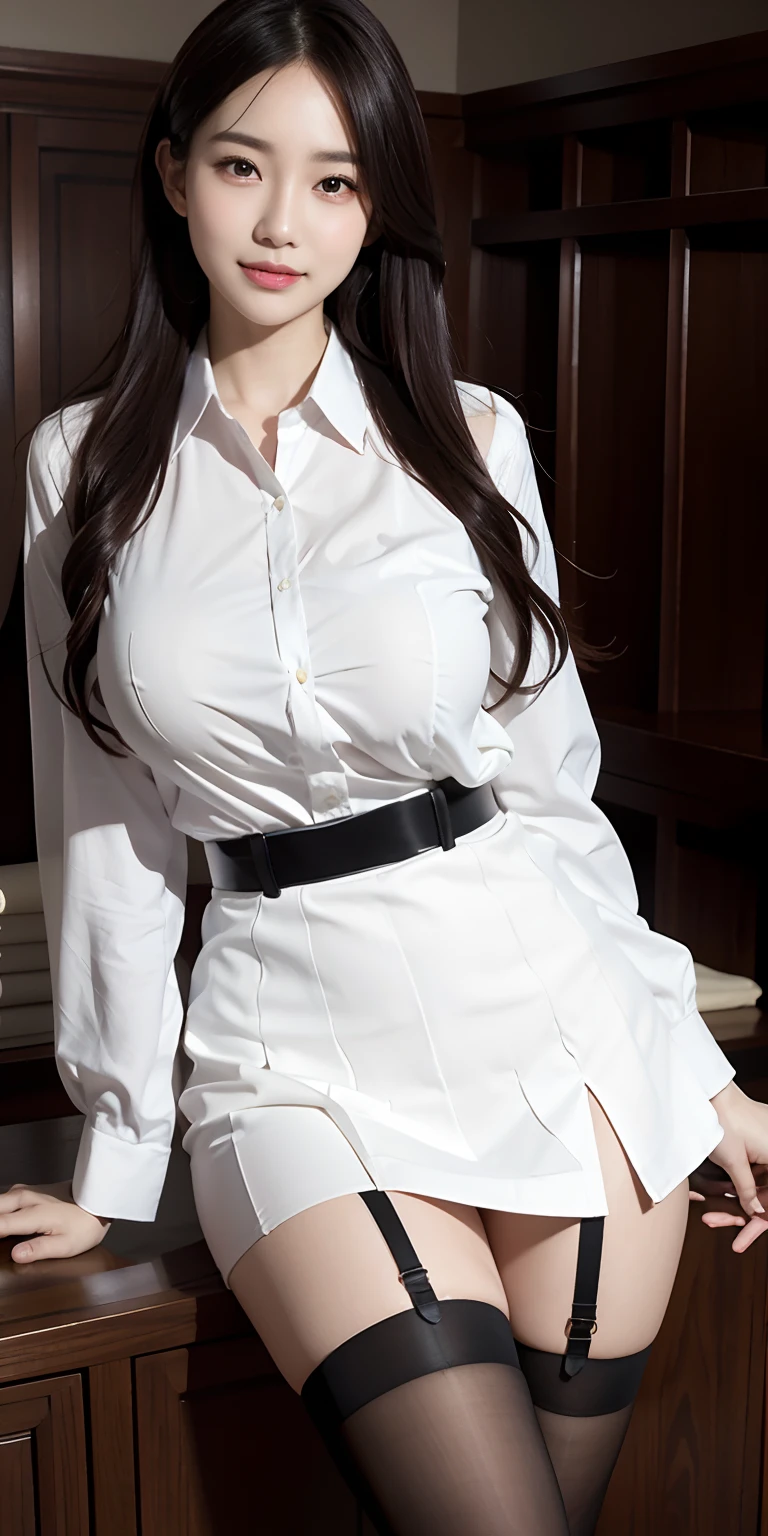 Photorealistic, high resolution, Soft light,1womanl, Solo, Hips up, shiny skins, (Detailed face),, jewelry, Secretary uniform, White shirt, Black skirt, Black stockings, a garter belt, Night, White hair, Wavy hair, The beautiful, Grab the audience's eye, Lover's perspective, Invitation expression, Sexy smile, Perfect style, Perfect balance, Detailed skin, mischievous gaze,