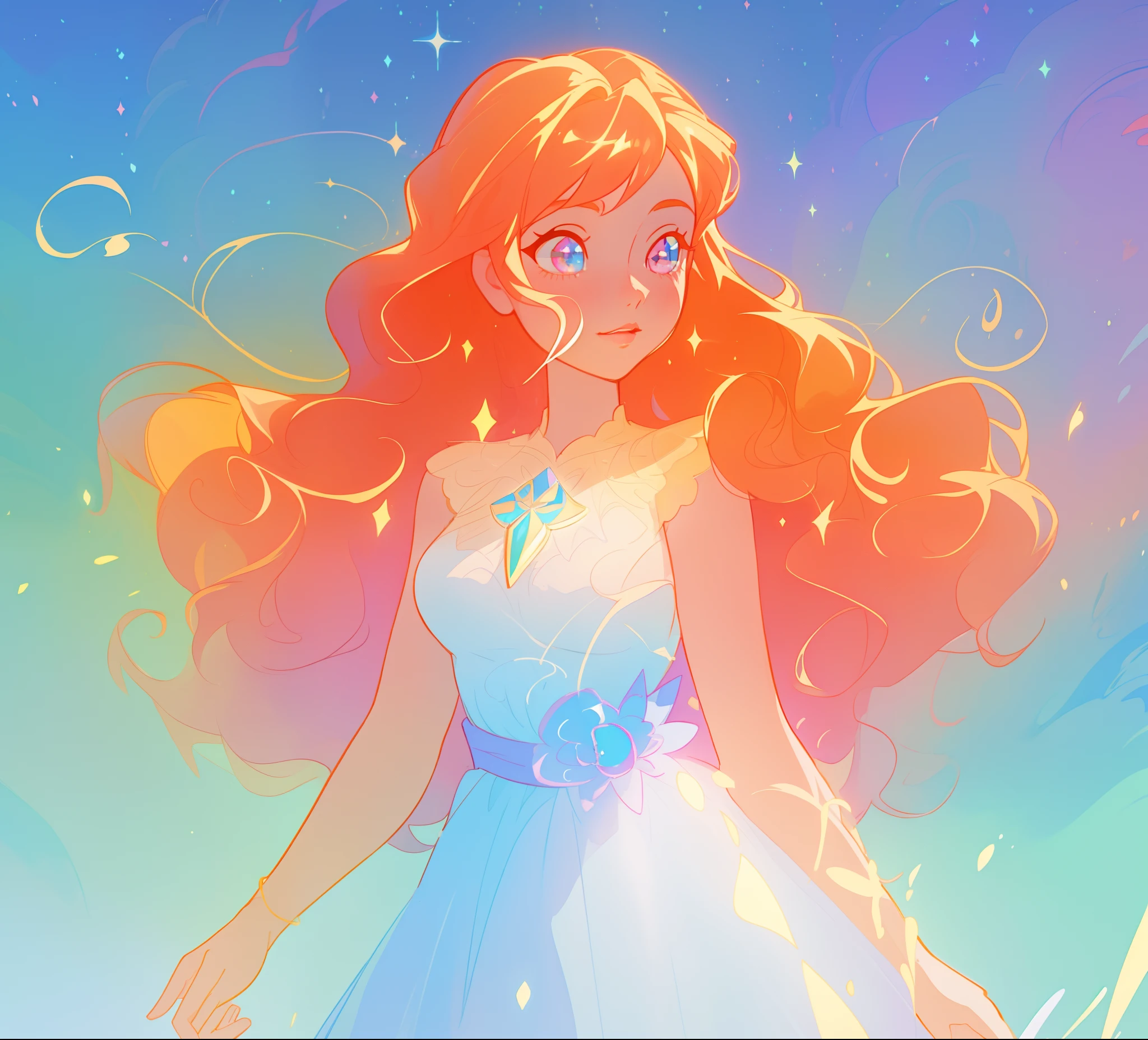 beautiful anime girl in white princess ballgown, vibrant pastel colors, (colorful), magical lights, red and gold long wavy curly hair, sparkling lines of light, inspired by Glen Keane, inspired by Lois van Baarle, disney art style, by Lois van Baarle, glowing aura around her, by Glen Keane, jen bartel, glowing lights! digital painting, flowing glowing hair, glowing flowing hair, beautiful digital illustration, fantasia background, whimsical, magical, fantasy, beautiful face, ((masterpiece, best quality)), intricate details, highly detailed, sharp focus, 8k resolution, sparkling detailed eyes, liquid watercolor