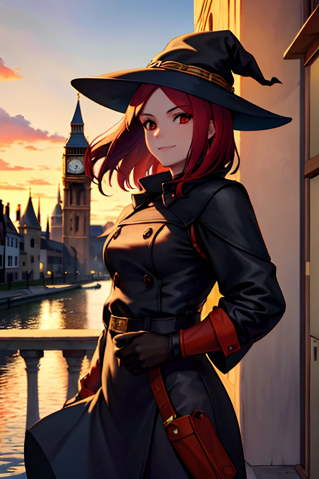 garota, red hair, sorridente, pale skin, sarna no rosto, witch hat, black hat, jaqueta marrom,saia xadrez vermelha, em uma cidade na Europa, British Country, Clock tower in the background, 4k, Sunset