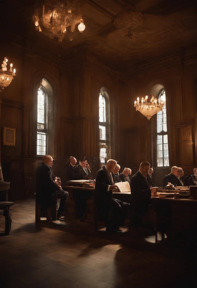 three master masons receiving seven apprentice masons inside a very old masonic temple