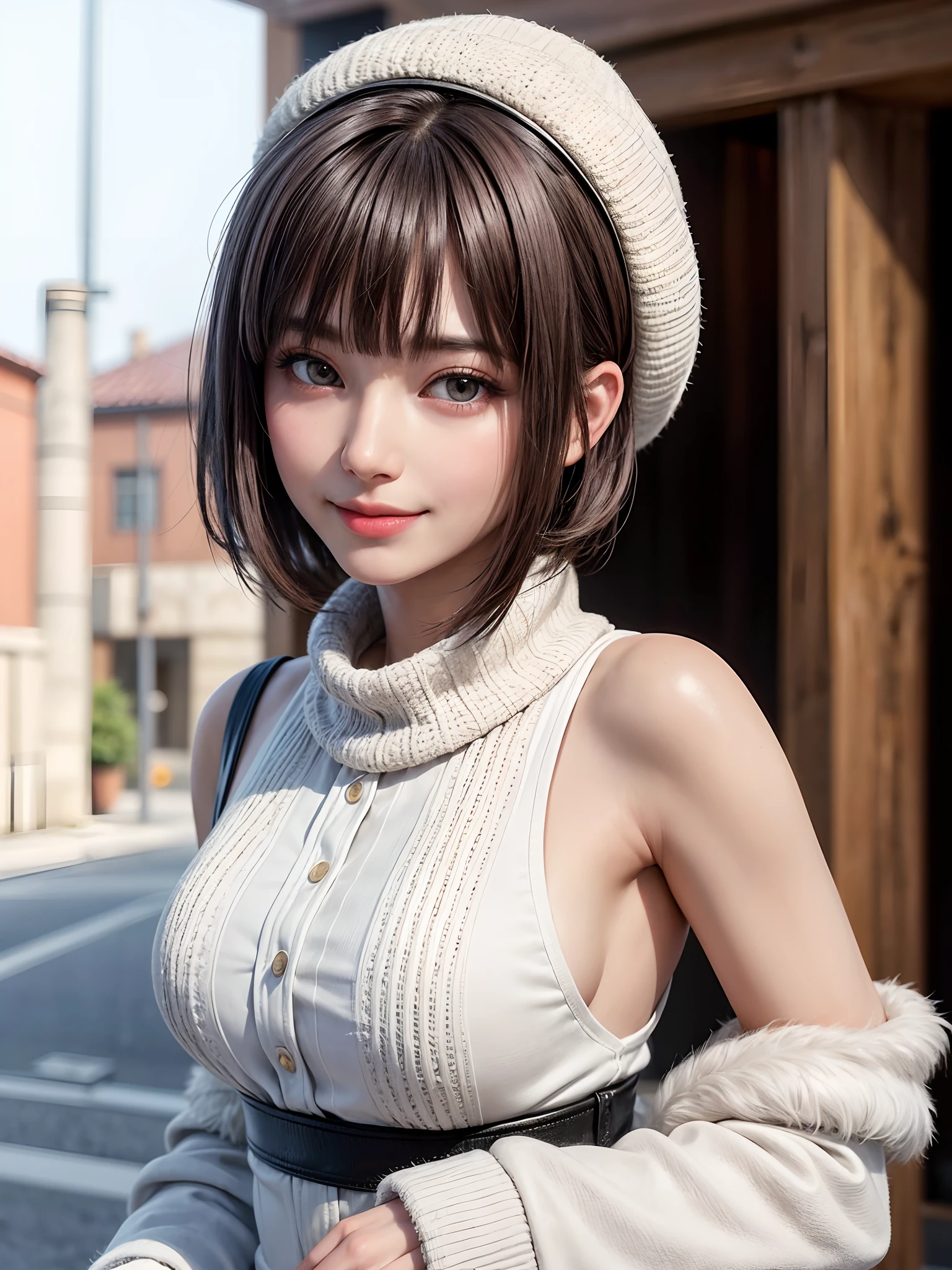 (​masterpiece, top-quality、Beautiful woman full of adult charm８),1girl in, 独奏, A dark-haired, scarf, Hats,, realisitic, looking at the viewers, black eyes of light color, shorth hair, coat, Winter clothes, White headscarf, s lips, lipgloss，bangss,, a closed mouth, The upper part of the body、big eye、Lashes、((Road system in Italy))、((Shorthair with bangs、big eye、Put very strong highlights in your students、very Bigger breasts、gazing at viewer、Very beautiful beauty、Put your ears out、long neck、little smiling、Close your mouth and smile)))、28 year old、Cute supermodels