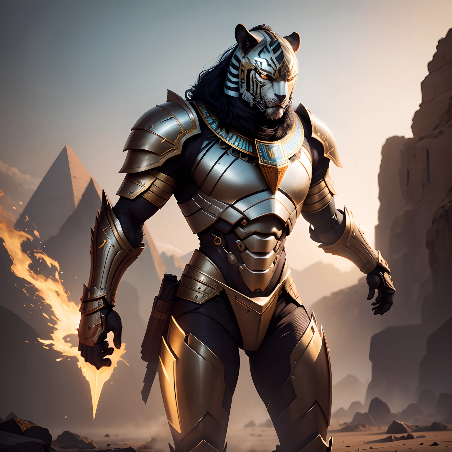 Egyptian robot tiger warrior in realistic 4K armor, full entire body,Super Detailed, Vray Display, Unrealistic engine, Midjourney Art Style.