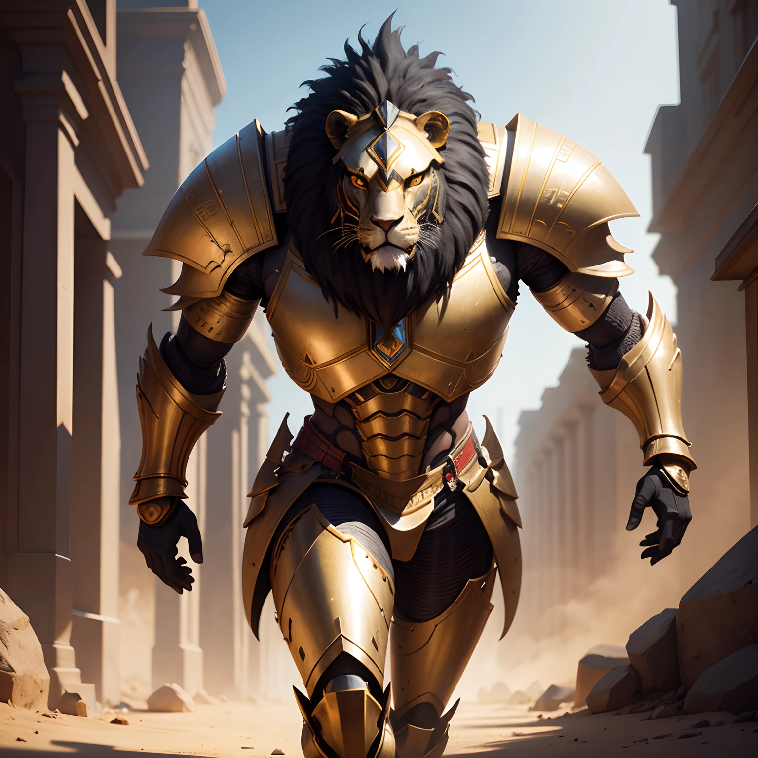 Egyptian robot lion warrior in realistic 4K armor, full entire body,Super Detailed, Vray Display, Unrealistic engine, Midjourney Art Style.