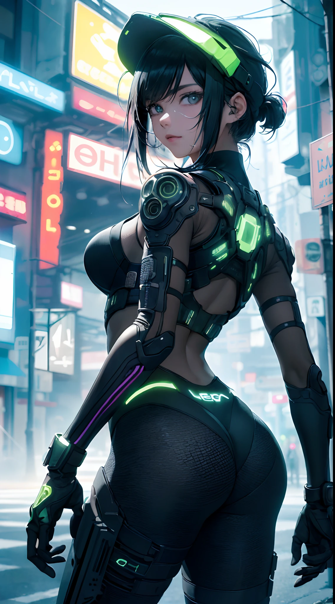 highest qualityr))、((obra maestra)、cyberpunked、large buttockss、arrodillarse、Electronic visor attached to the face of a -yeld giwith emphasis on the buttocks、Moda cyberpunk、Pose sexy、(Usar polainas amarillas en la parte inferior del cuerpo、Agrandamiento de los senos、Neon lights in the dark city at night,motor irreal:1.4,UHD,La mejor calidad:1.4, fotorrealista:1.4, textura de la piel:1.4, obra maestra:1.8,obra-prima, mejor calidad,(Beautiful and detailed eye description)