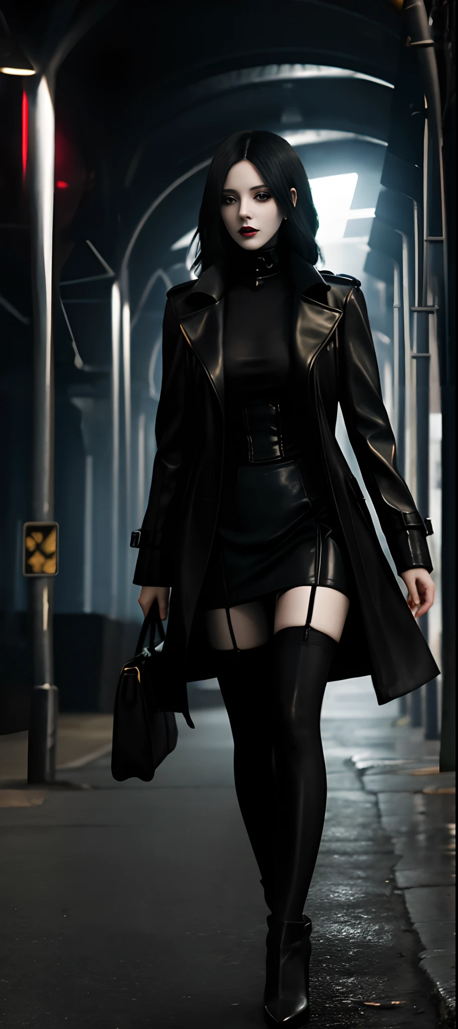 There is a woman walking through the tunnel wearing stockings and stockings, 2 b, 2b, gothic city streets behind her, lady in black coat and pantyhose, aeon flux style, Reminiscent《bladerunner》, sensual gloomy style, Tights; On the street, mall goth, leather stockings, Sexy look, supermodel in silent hill, Cyberpunk costumes, thighhighs and skirt