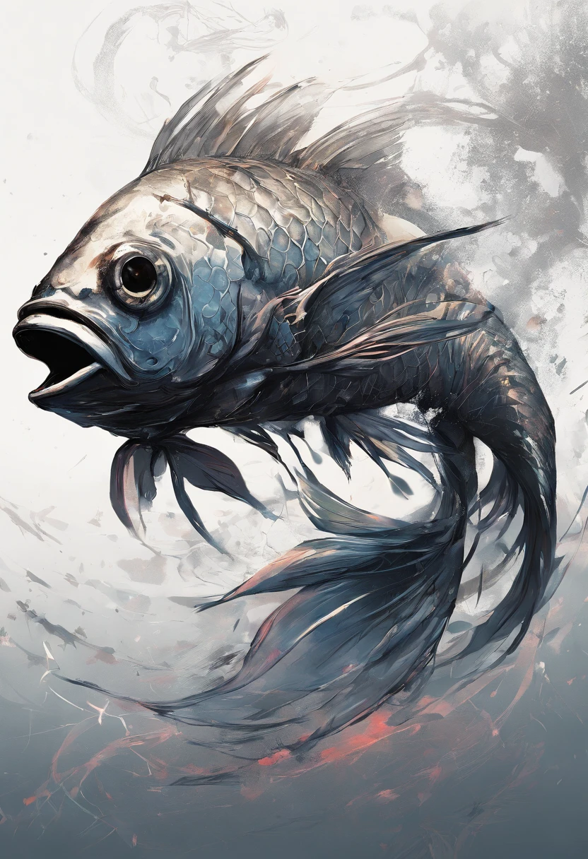 Perfect centralization, Fantastic black goldfish, alegria, Standing position, beleza abstrata, Centrado, looking at the camera, Facing the camera, Approaching perfection, Dynamic, altamente detalhado, liso, foco nítido, 8k, alta resolução, illustration, arte de Carne Griffiths e Wadim Kashin, fundo branco