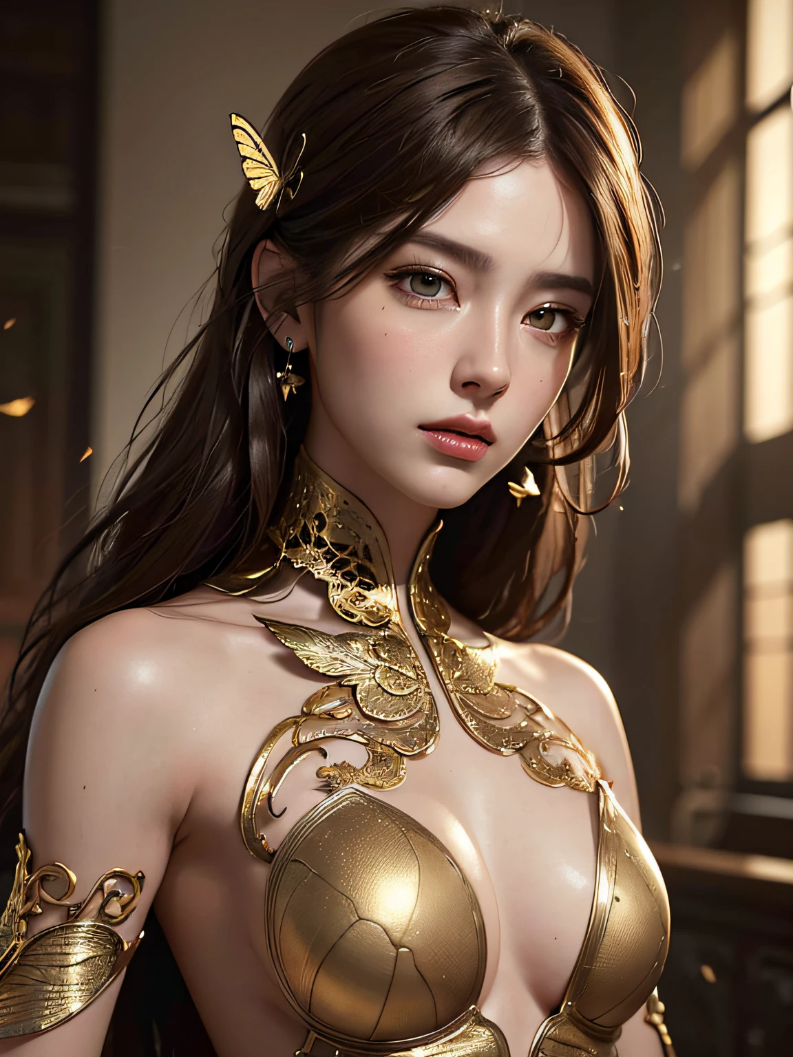 8k portrait of beautiful cyborg with brown hair, intricate, elegant, highly detailed, majestic, digital photography, art by artgerm and ruan jia and greg rutkowski surreal painting gold butterfly filigree, broken glass, (masterpiece, sidelighting, finely detailed beautiful eyes: 1.2), hdr,