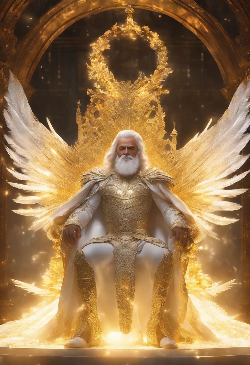 super high resolution, best quality, photo, 8k, (photorealistic: 1.2), cinematic lighting, An old man shaped like a fantz wlop, giant man with beard in bright white robes and floating on the crystal throne floating on crystal clouds, yellow eyes, bright yellow light emitted from the throne, precious stones floating in the sky, God, with beams of light enveloping his body, with large translucent, feathered wings on the crystal throne, wings are open, golden light (halo:1.2) over your head, abdominal muscles dressed in medieval golden armor, beard, masculine, dark, masterpiece, best quality, intricate details, snow environment and crystals in the background, crystal cathedral, portal of the future, 3D light, HD, magic, god of light, backlighting, detailed face, DREAD, depth of field, soft lighting, tone mapped, highly detailed, concept art, smooth, sharp focus, dramatic lighting, highly detailed art, cinematic, 8K, amazing shadows (highly detailed background: 1.2) --auto