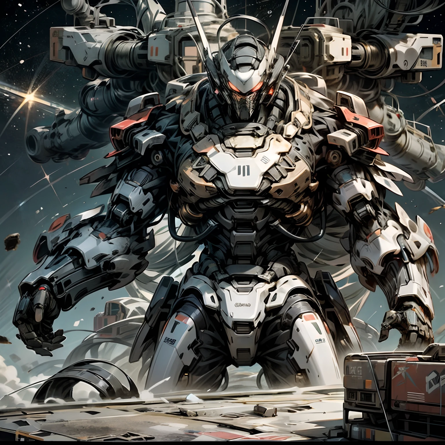 In space，Huge planet，Starcloud，holdingweapon，without humans，Mecha fragments next to it，with light glowing，Battle damage status，（Male mech：1.2），Male robots，giant mechanical wings，Mecha wings，（Flying in space：1.3），Comet fragments，glowing light eyes，red color mecha，scientific fiction，space，Realistis，mechs，Milky Way Galaxy background，neonlight，cyber punk perssonage，wallpaper hd，CG art ，tmasterpiece，Best picture quality ，