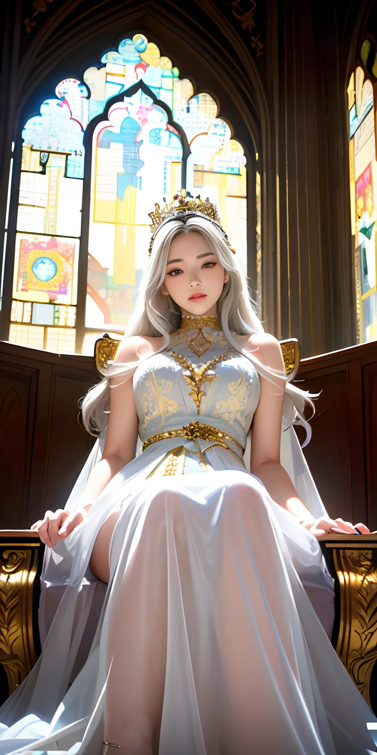 (Masterpiece:1.2), best quality, (illustration:1.2), (ultra-detailed), hyper details, (delicate detailed), (intricate details), (cinematic light, best quality Backlights), clear line, from below, soloist, perfect body, (1girl), white hair and yellow eyes, (emperor, black see-through clothes), (crown: 1.1), sitting on the throne, eyes slightly closed, head down, (shy: 1.2 ), (makeup), high contrast, (best illumination, an extremely create and beautiful), (cinematic light), colorful,
