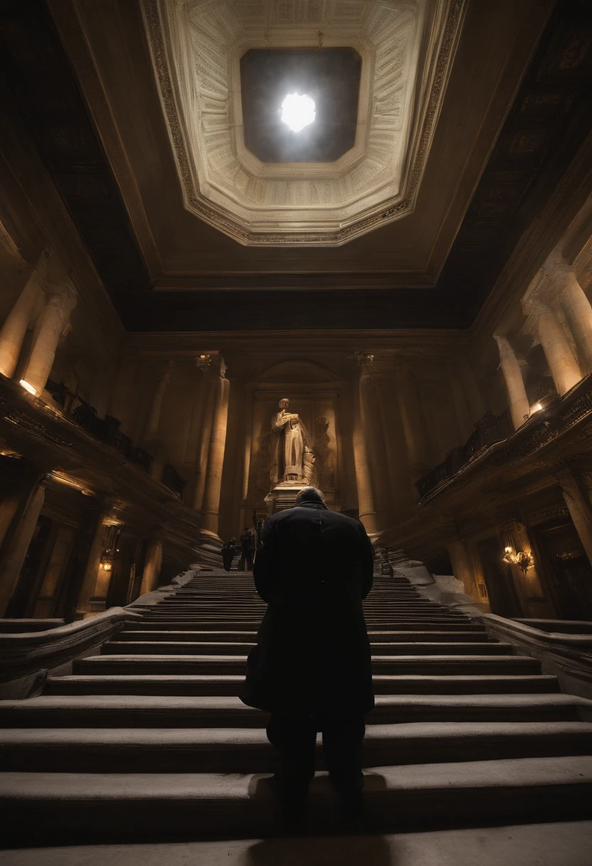 um policial militar, dois advogados, um bombeiro e dois policiais prisionais operacionais de costas, on the entrance staircase of a large Masonic temple, a noite, Under the starry sky. Todos olhando para a entrada do templo, where a Knight Templar awaits them