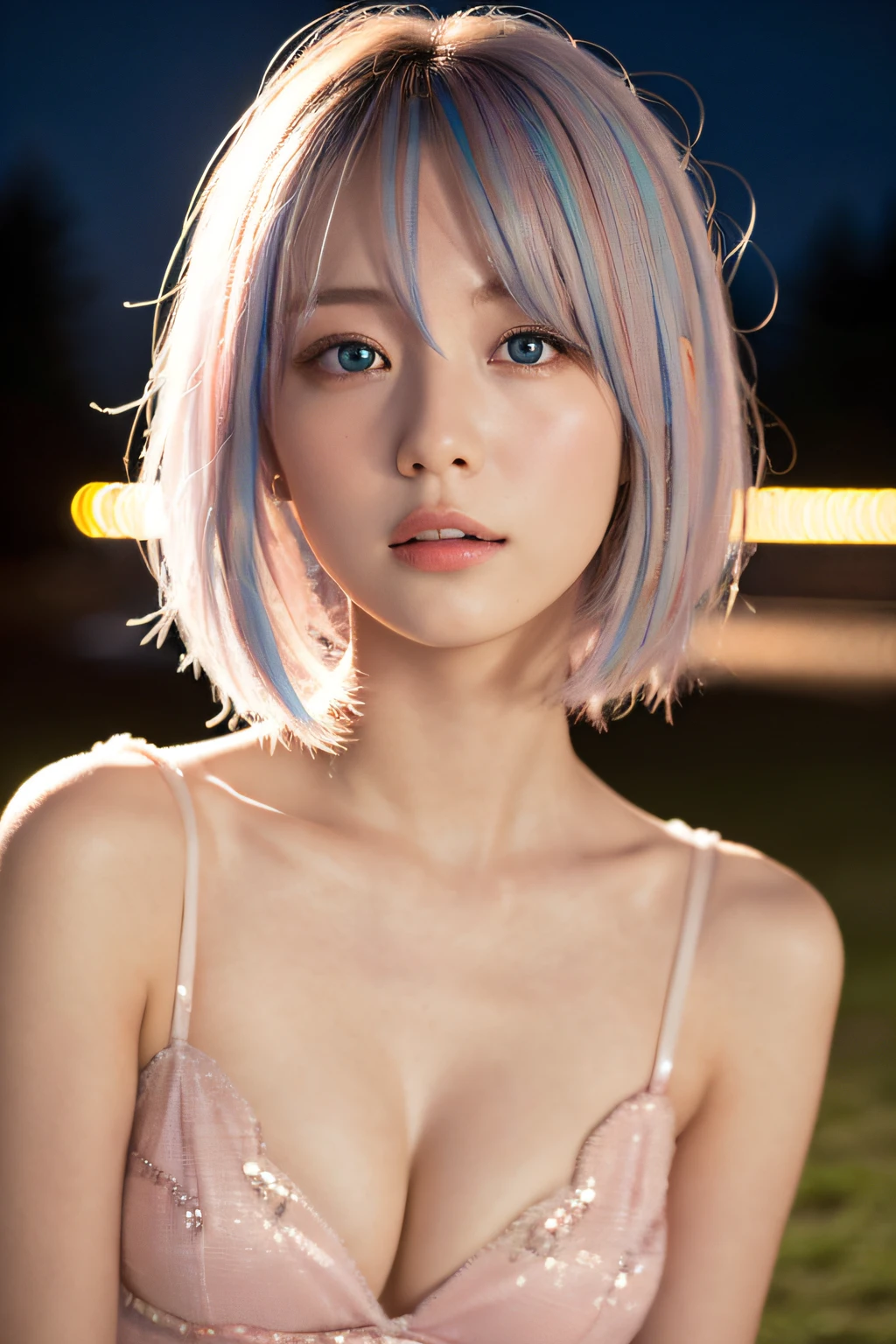 ((masutepiece)), ((Best Quality)), (Ultra-detailed), 4K, Best Quality, (Beautiful)0, sacred place, Night, Cute s, 1girl in, Solo, Beautiful pastel colored hair, ((Beautiful eyes)), tiny chest、cinematlic lighting