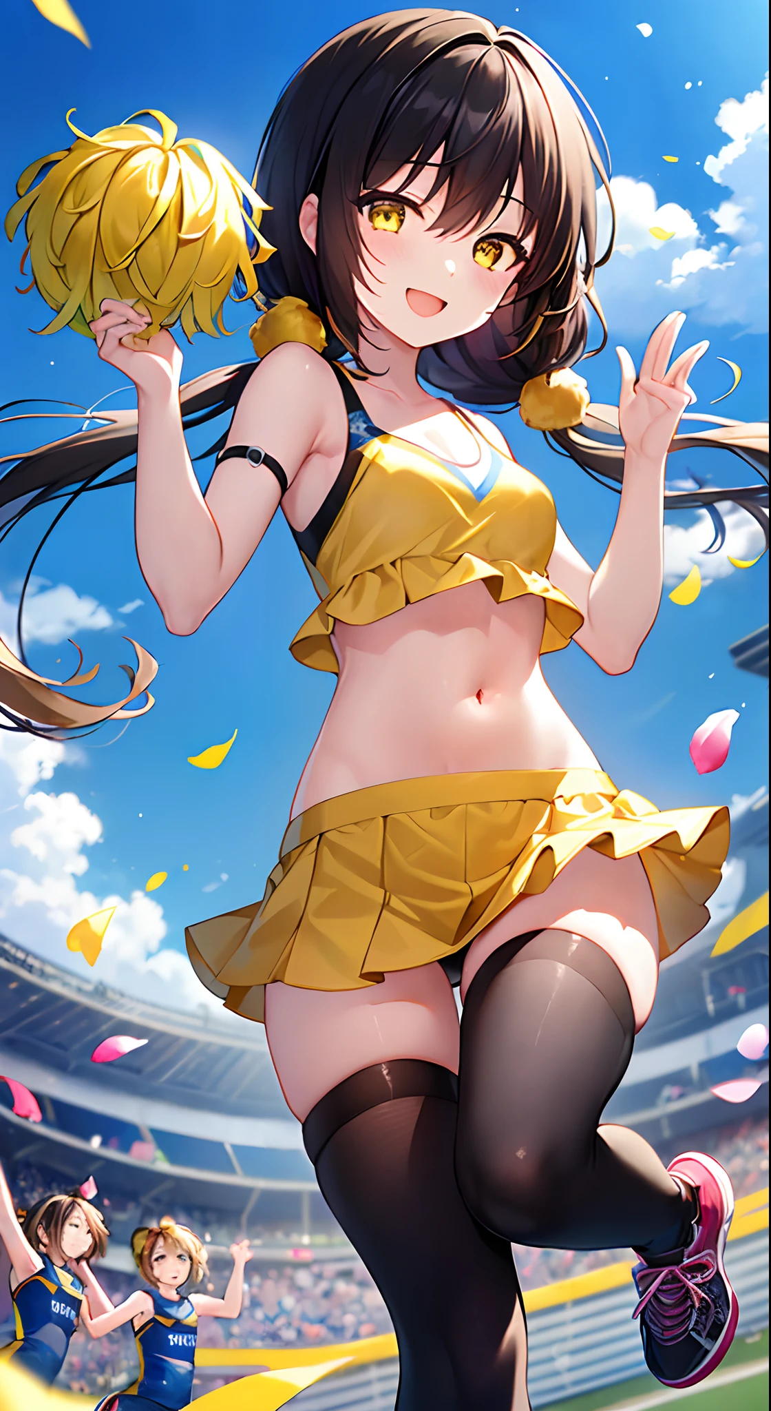 (top-quality)、(masterpiece)、(ultra-detailliert)、Beautiful girl alone、、cute little、shinny skin、Cheerleader in yellow costume、(Smile with open mouth)、(yellow eyes)、Clearing the eyes、drooing eyes、(A dark-haired:1.5)、((low twintails))、Yellow hair tie、Navel、(perspiring:1.5)、(Sports Leggings:1.1)、(Leg straps:1.2)、(black thighhighs)、Blue sky in the background、natural soft light、(pom-poms:1.5)、Slender feet、petals dancing in the wind、Hands raised