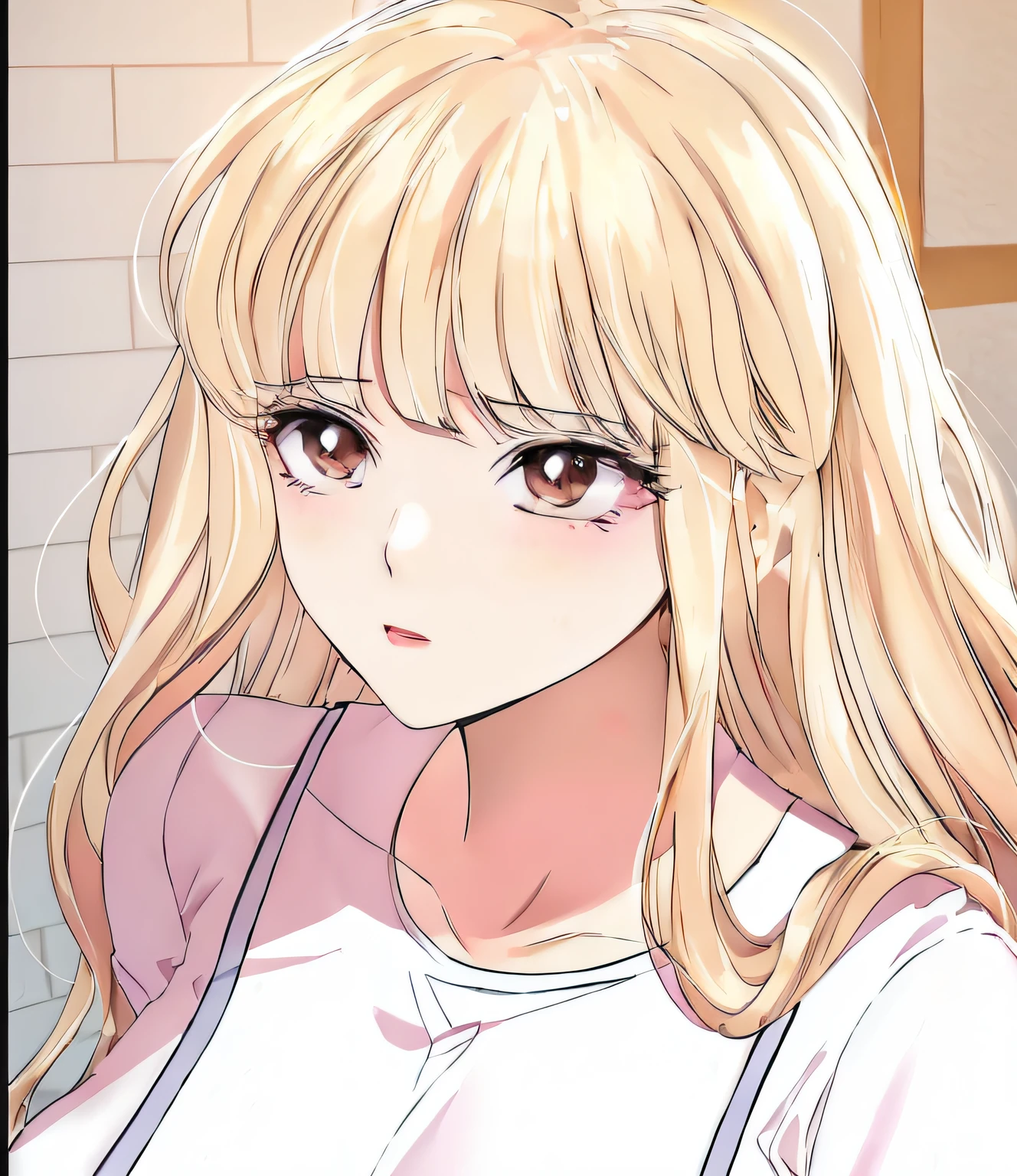 anime girl with long blonde hair and pink shirt looking at camera, blonde anime girl with long hair, kawaii realistic portrait, marin kitagawa fanart, cute natural anime face, digital anime illustration, painted in anime painter studio, extremely cute anime girl face, ecchi anime style, anime girl with long hair, anime moe artstyle, 🤤 girl portrait, anime style portrait