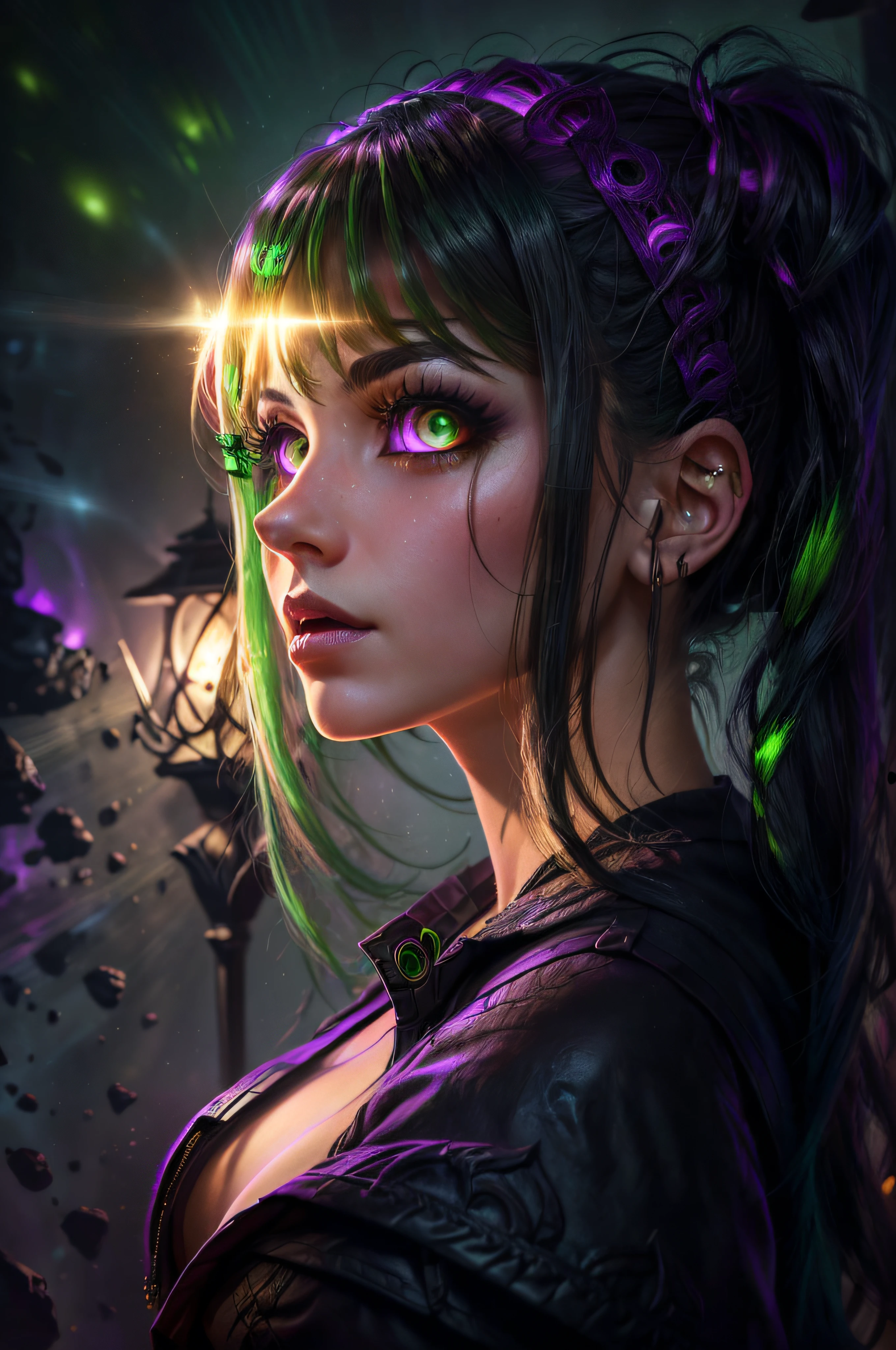((Close-up portrait of a girl with green eyes)), with glowing purple eye light, Violet luminous rays, dark fantasy portrait, Portrait in profile, (Cheeky face). Dark Fantasy, realistic 4k digital art, realistic 4k digital art, dark fantasy portrait, Dark Fantasy Digital Art, (Dark), But detailed digital art, sexy girl with green eyes, ((Gloomy color scheme:1,5)), 4k detailed digital art, Green glowing eyes, (NSFW), (A very dark room, little light, Low visibility)). (Strong shadow:1,6). twilight.