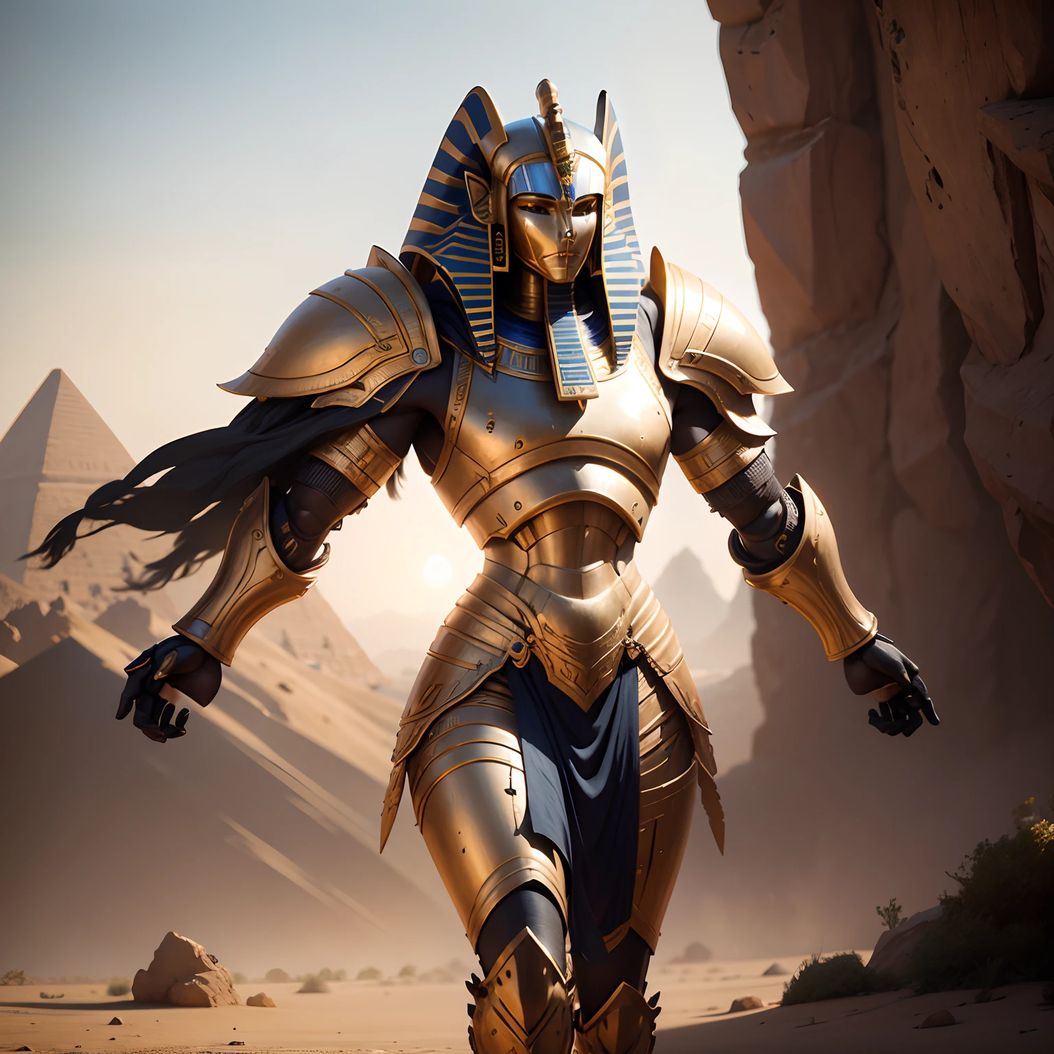 Egyptian robot sphinx warrior in realistic 4K armor, full entire body,Super Detailed, Vray Display, Unrealistic engine, Midjourney Art Style.