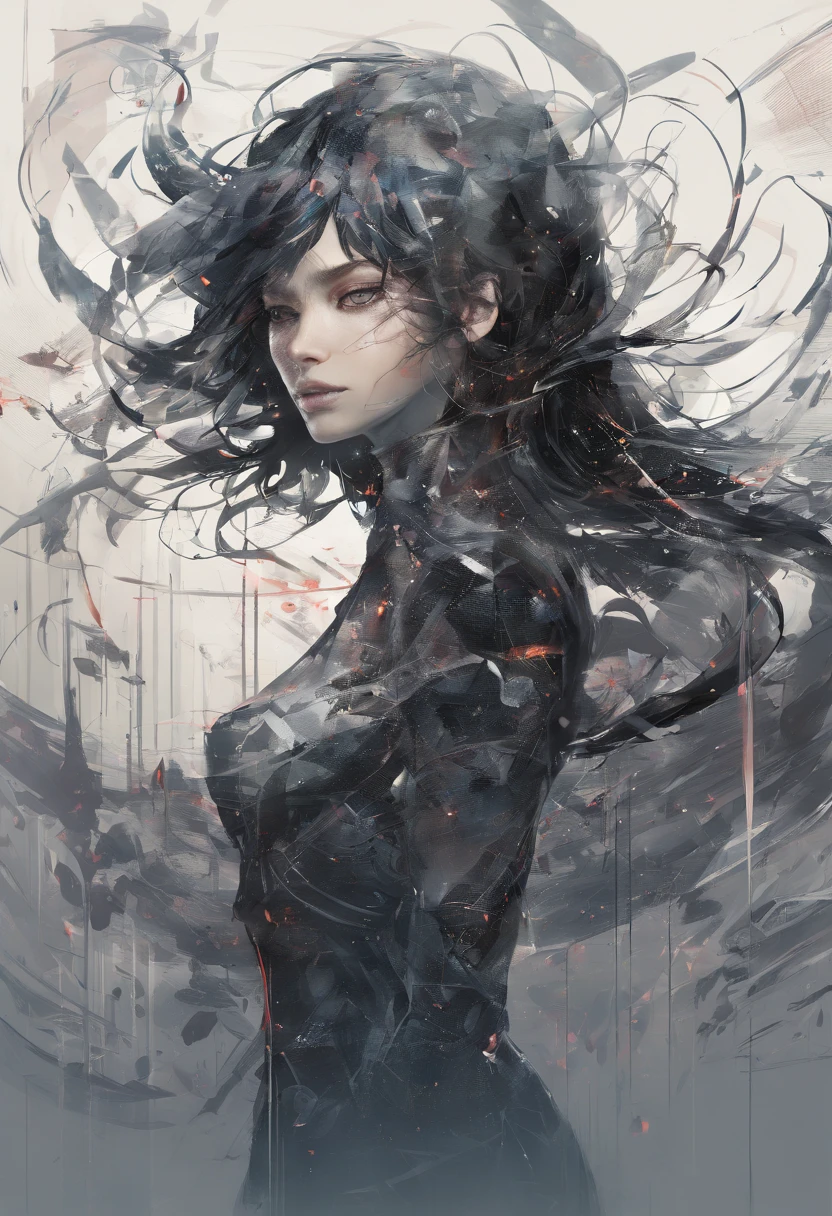 Perfect centralization, Fantastic black goldfish, alegria, Standing position, beleza abstrata, Centrado, looking at the camera, Facing the camera, Approaching perfection, Dynamic, altamente detalhado, liso, foco nítido, 8k, alta resolução, illustration, arte de Carne Griffiths e Wadim Kashin, fundo branco, garota deslumbrante, olhar sexy,