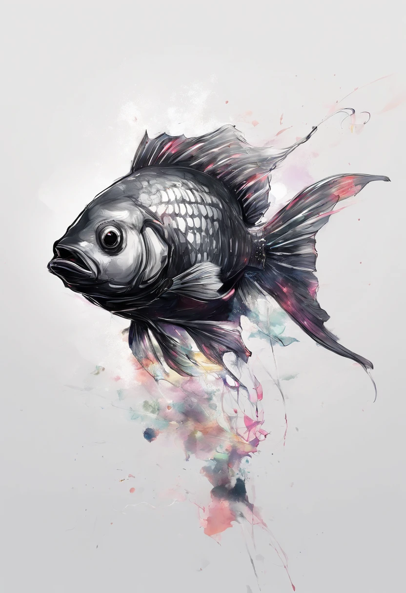 Perfect centralization, Fantastic black goldfish, alegria, Standing position, beleza abstrata, Centrado, looking at the camera, Facing the camera, Approaching perfection, Dynamic, altamente detalhado, liso, foco nítido, 8k, alta resolução, illustration, arte de Carne Griffiths e Wadim Kashin, fundo branco, garota deslumbrante, olhar sexy,