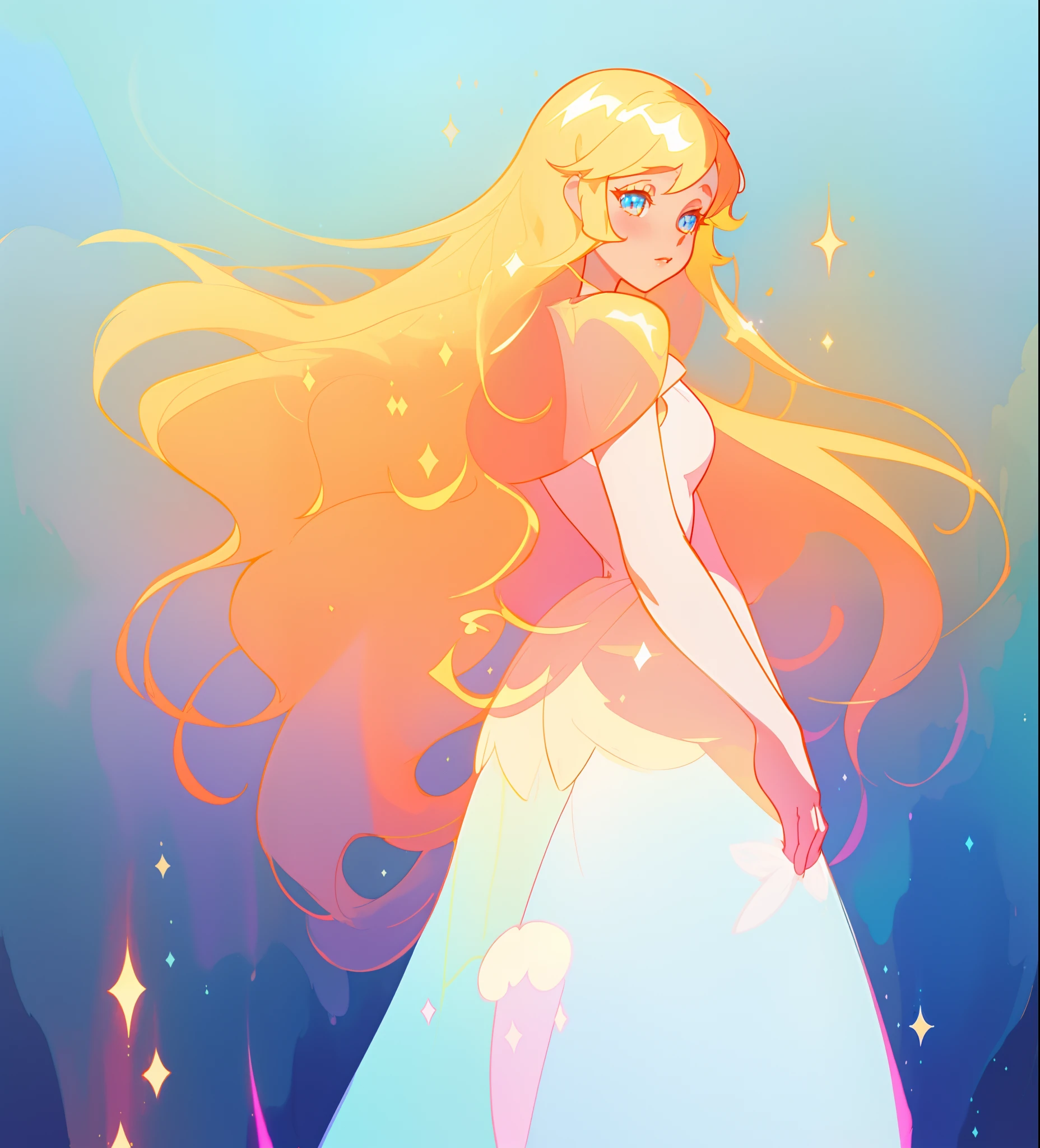 beautiful anime girl in white princess ballgown, vibrant pastel colors, (colorful), magical lights, golden long hair made of liquid light, sparkling lines of light, inspired by Glen Keane, inspired by Lois van Baarle, disney art style, by Lois van Baarle, glowing aura around her, by Glen Keane, jen bartel, glowing lights! digital painting, flowing glowing hair, glowing flowing hair, beautiful digital illustration, fantasia background, whimsical, magical, fantasy, beautiful face, ((masterpiece, best quality)), intricate details, highly detailed, sharp focus, 8k resolution, sparkling detailed eyes, liquid watercolor