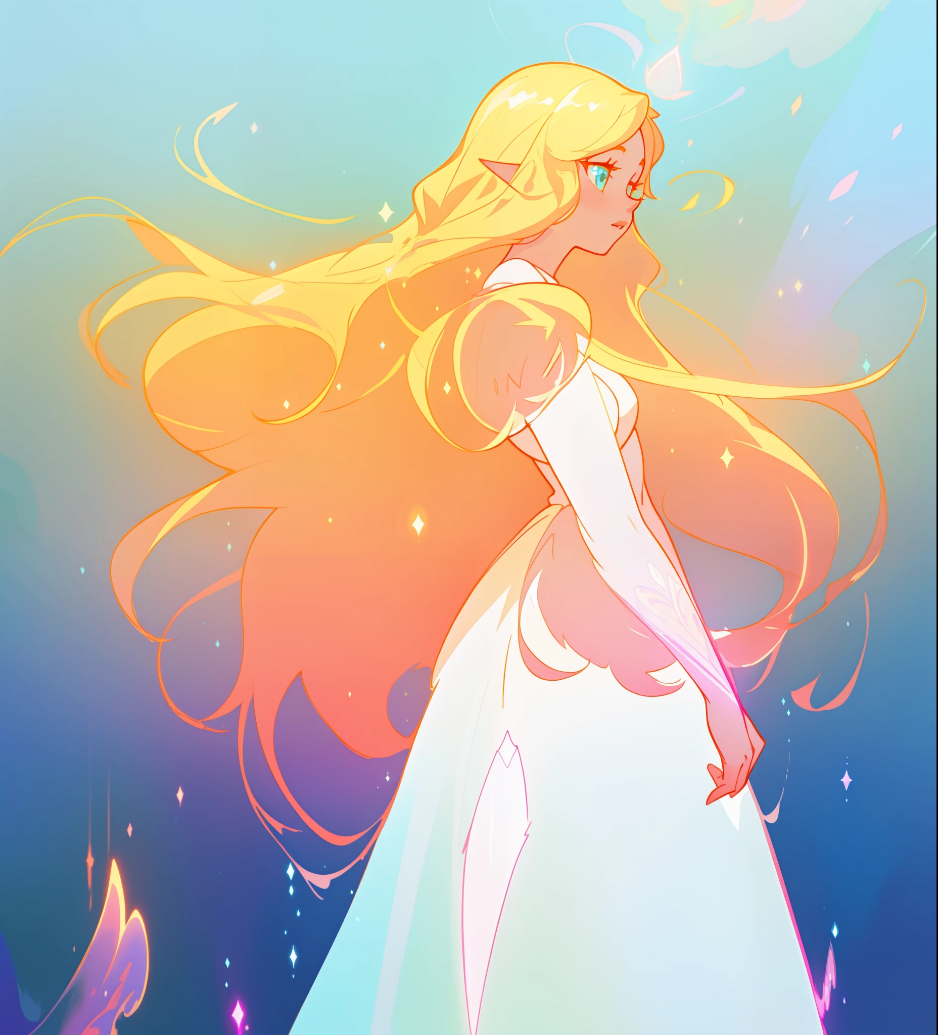 beautiful anime girl in white princess ballgown, vibrant pastel colors, (colorful), magical lights, golden long hair made of liquid light, sparkling lines of light, inspired by Glen Keane, inspired by Lois van Baarle, disney art style, by Lois van Baarle, glowing aura around her, by Glen Keane, jen bartel, glowing lights! digital painting, flowing glowing hair, glowing flowing hair, beautiful digital illustration, fantasia background, whimsical, magical, fantasy, beautiful face, ((masterpiece, best quality)), intricate details, highly detailed, sharp focus, 8k resolution, sparkling detailed eyes, liquid watercolor