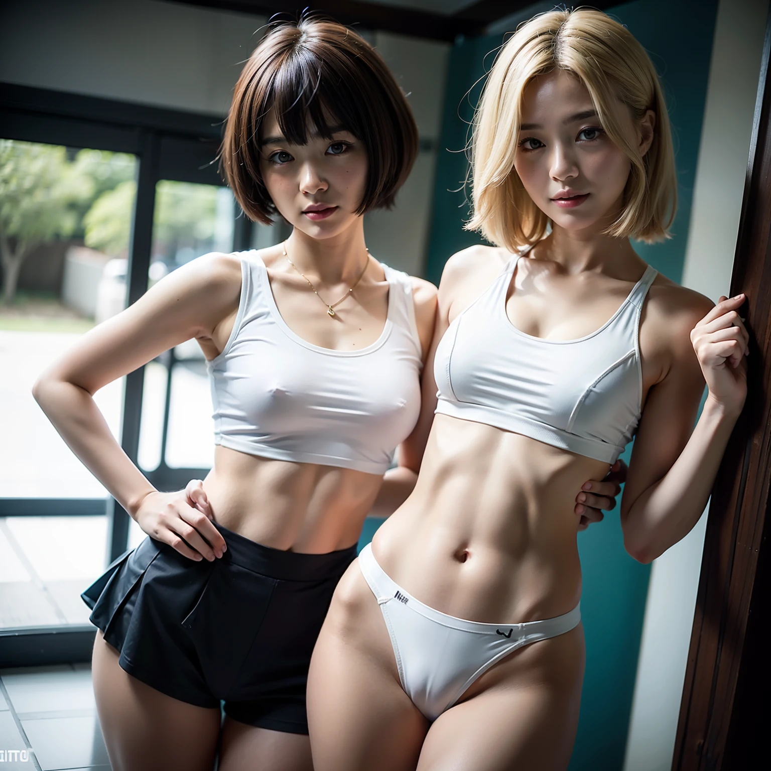 Before the start of track and field sprinting、(White uniform for athletics)、{Exposed tank top、Wearing high-leg bloomers}、(abdomen exposure)a closeup、cosplay foto、Anime Cosplay、middlebreasts、Raw photography, top-quality, hight resolution, (masterpiece), (Photorealsitic:1.4), professional photograpy, foco nítido, nffsw, 8K分辨率, intricate detailes, depth of fields, extremely detailed CG Unity、8k wallpaper, front lit, girl with, (kawaii)、beautiful supermodel, A smile、Short bob hair、A slender、free pose、dynamic ungle, small titts,