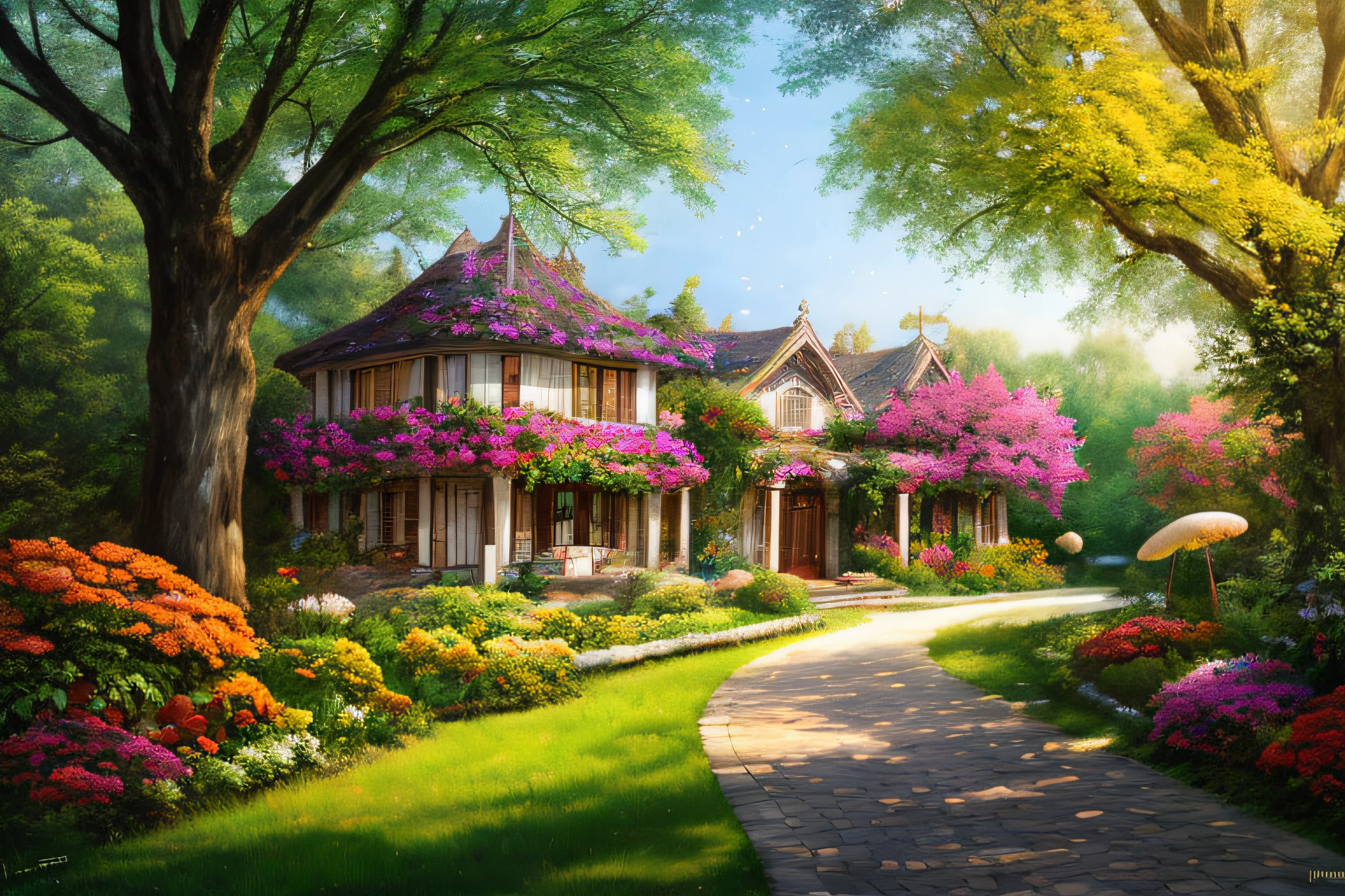 tmasterpiece,Best quality at best,high high quality,the Extremely Detailed CG Unity 8K Wallpapers,(A charming scene from a dream garden),Towering trees,Glowing mushrooms and small mansions,Creates a mysterious and captivating feeling,art stations,digital illustrations,复杂,Uptrend,pastel colour,oil painted,award winning photography,Bokeh,depth of fields,hdr,blooms,color difference,真实感,The is very detailed,Art Station trend,CGSociety trends,复杂,high detal,dramatics,Midjourney Art