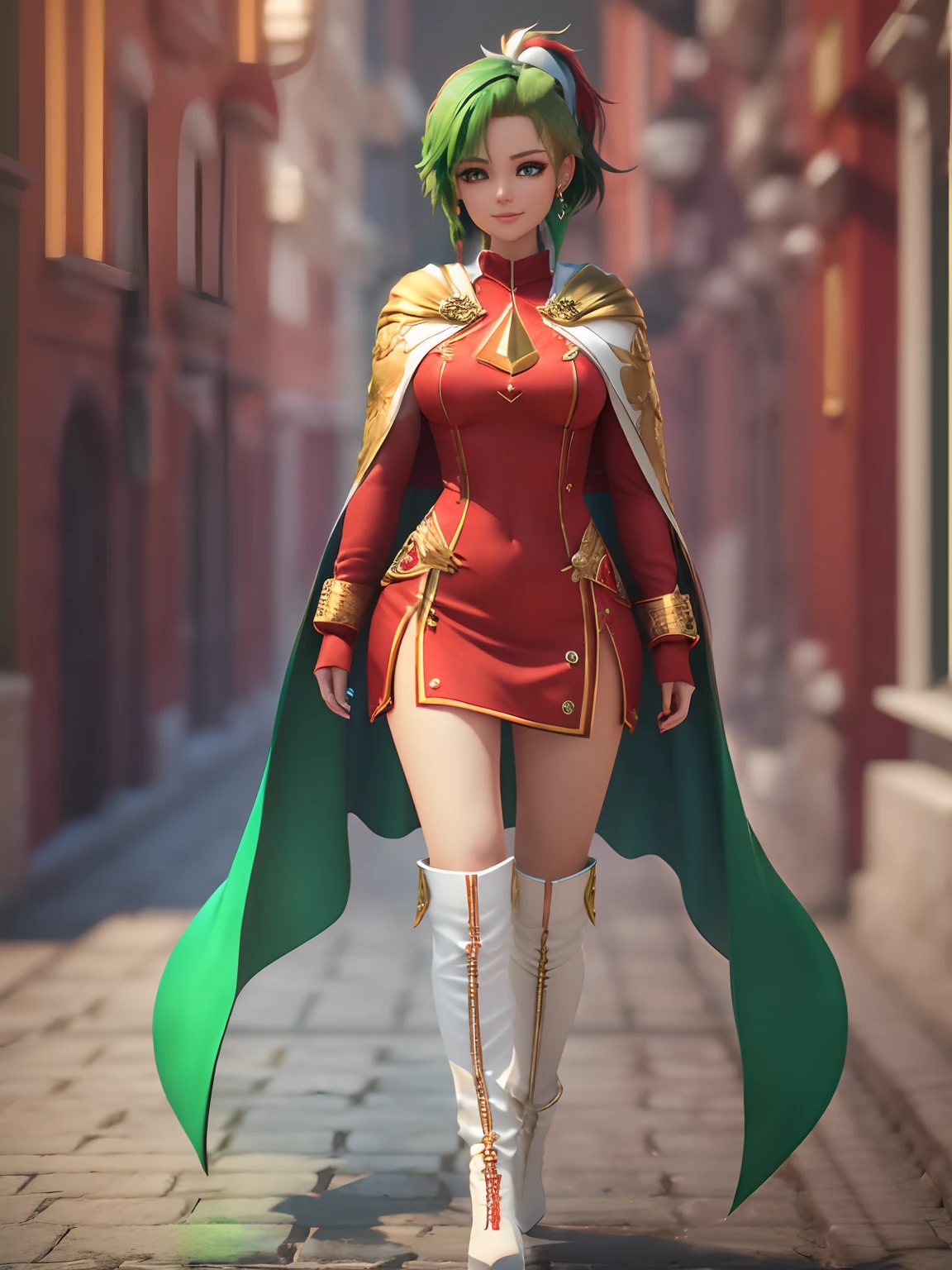 3D rendering, female character, (((red clothes))), (((green hair))), side ponytail, golden triangular earrings, blue eyes, beautiful smile, white cape covering the bust, long white boots, detailed , 8k, high quality, emotional effects, 3D rendering --auto --s2