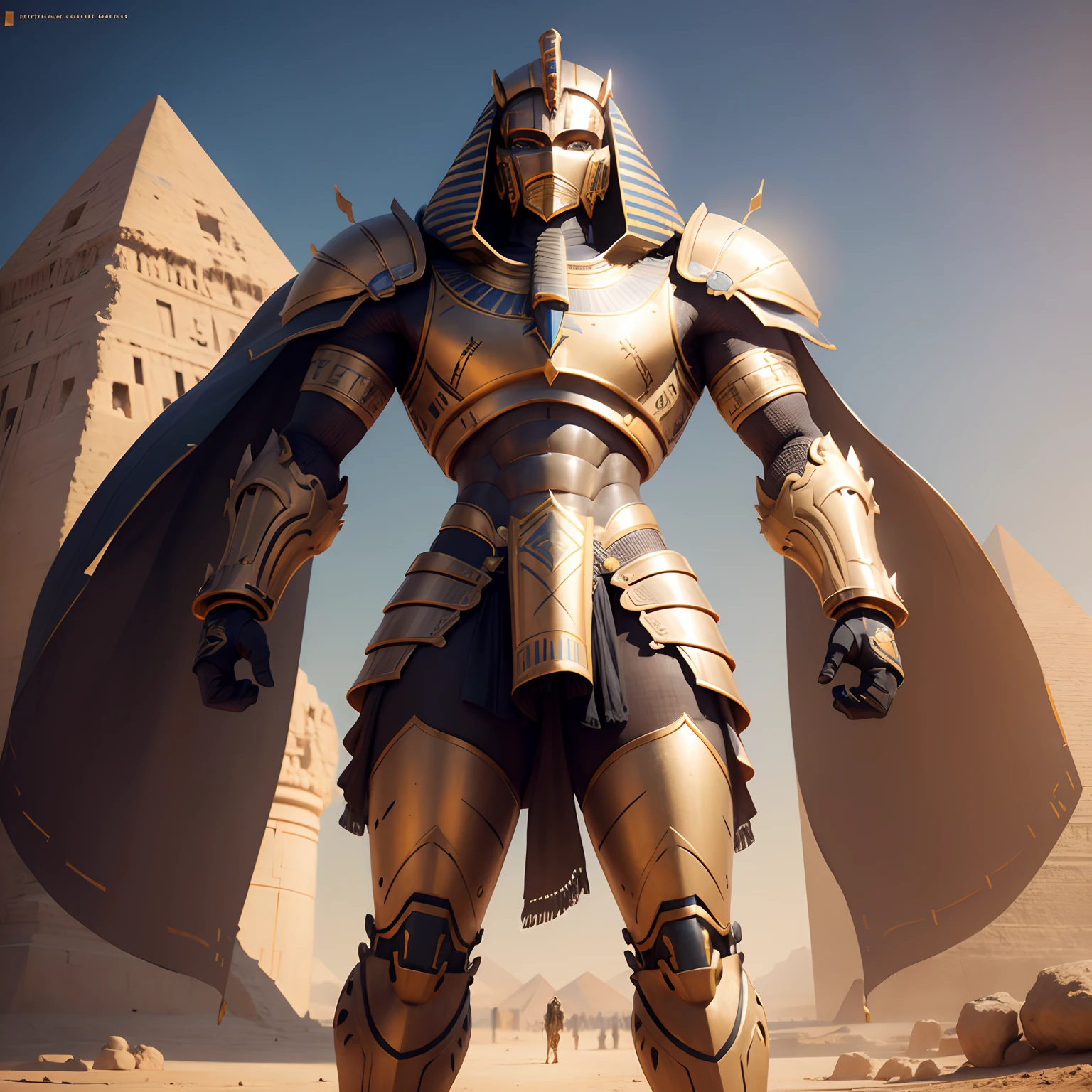 Egypt Sphinx Robot Warrior in Realistic 4K Full Body Armor,Pyramids,Super Detailed, Vray Display, Unrealistic engine, Midjourney Art Style.