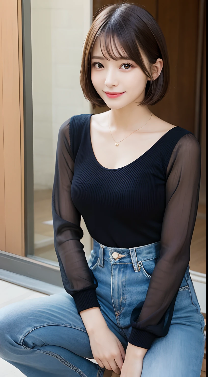 masutepiece, Best Quality, Illustration, Ultra-detailed, finely detail, hight resolution, 8K Wallpaper, Perfect dynamic composition, Beautiful detailed eyes, Women's Fashion Summer,Short bob hair,Small breasts natural color lip, Bold sexy poses,Smile,Harajuku、20 years girl、Cute、Sexy shot looking at camera,Open your crotch、Squatting