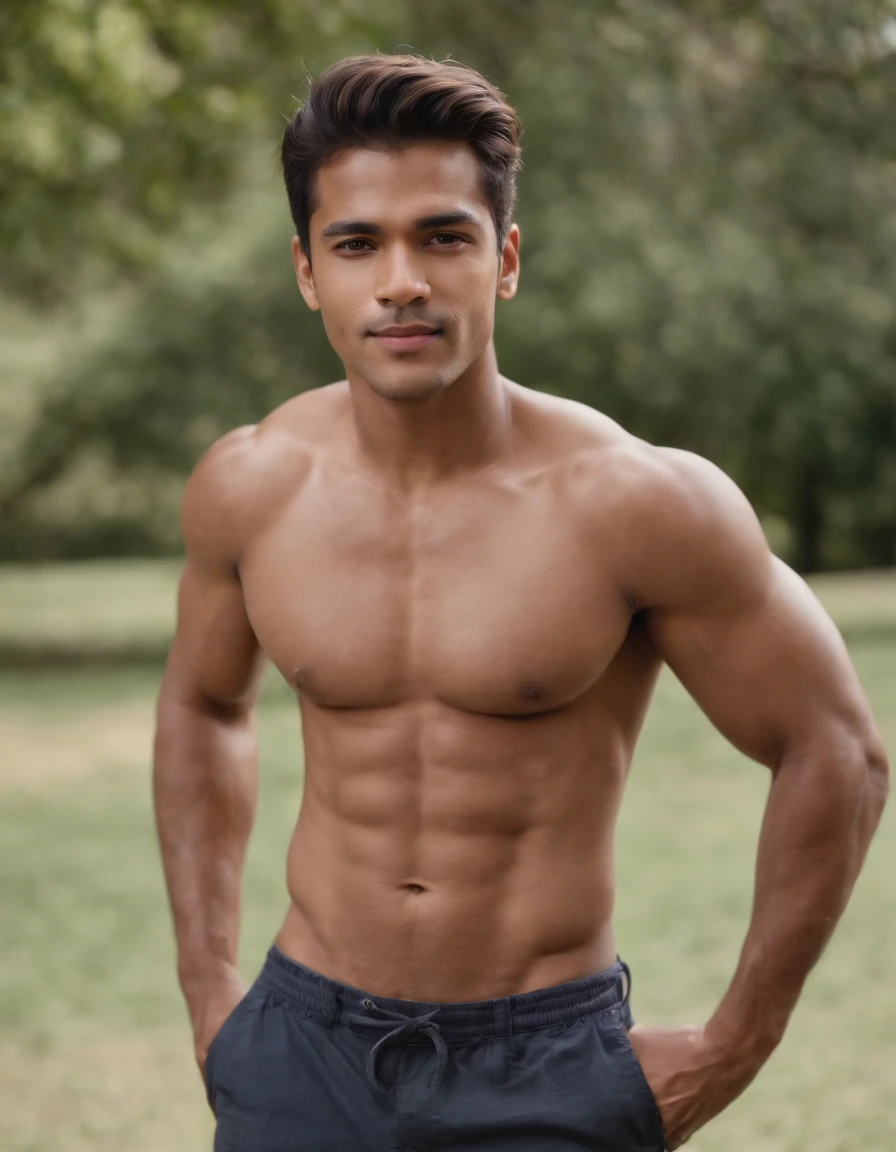 ((Man)) goodlooking , Brown skin , musculoso , then , Duro , manly face , sorriso safado, 25 anos, vestindo camisa curta, long pants , medium shot,lazer, Rua.((parte superior do corpo))
