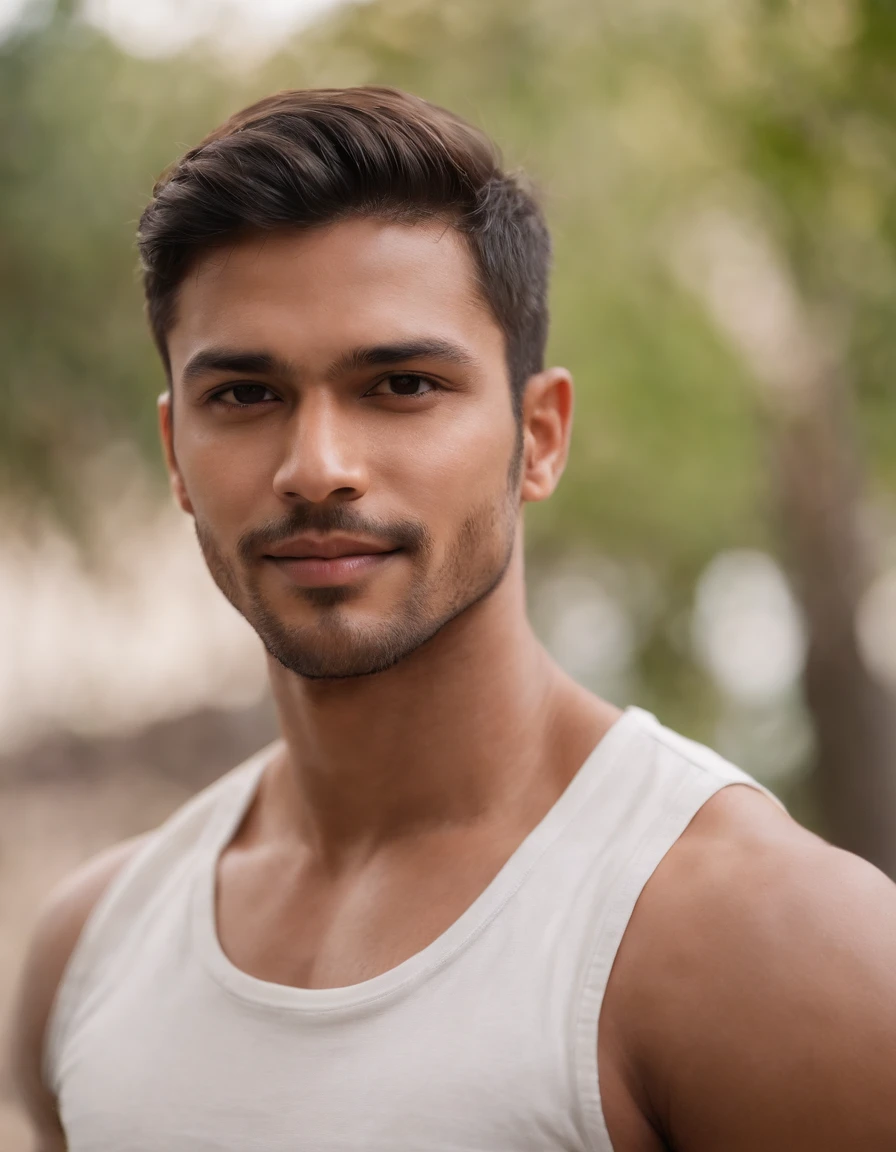 ((Man)) goodlooking , Brown skin , musculoso , then , Duro , manly face , sorriso safado, 25 anos, vestindo camisa curta, long pants , medium shot,lazer, Rua.((parte superior do corpo))