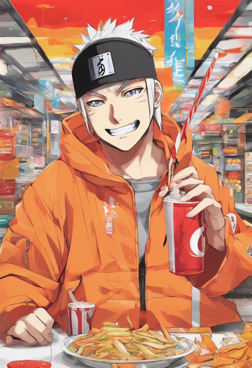 anime naruto sentado na mesa do mc donalds comendo um big mc e tomando uma coca cola. imagem ultra detalhada, ultra realista, detalhes expressivos do rosto que esta feliz. cores vibrantes e intensas