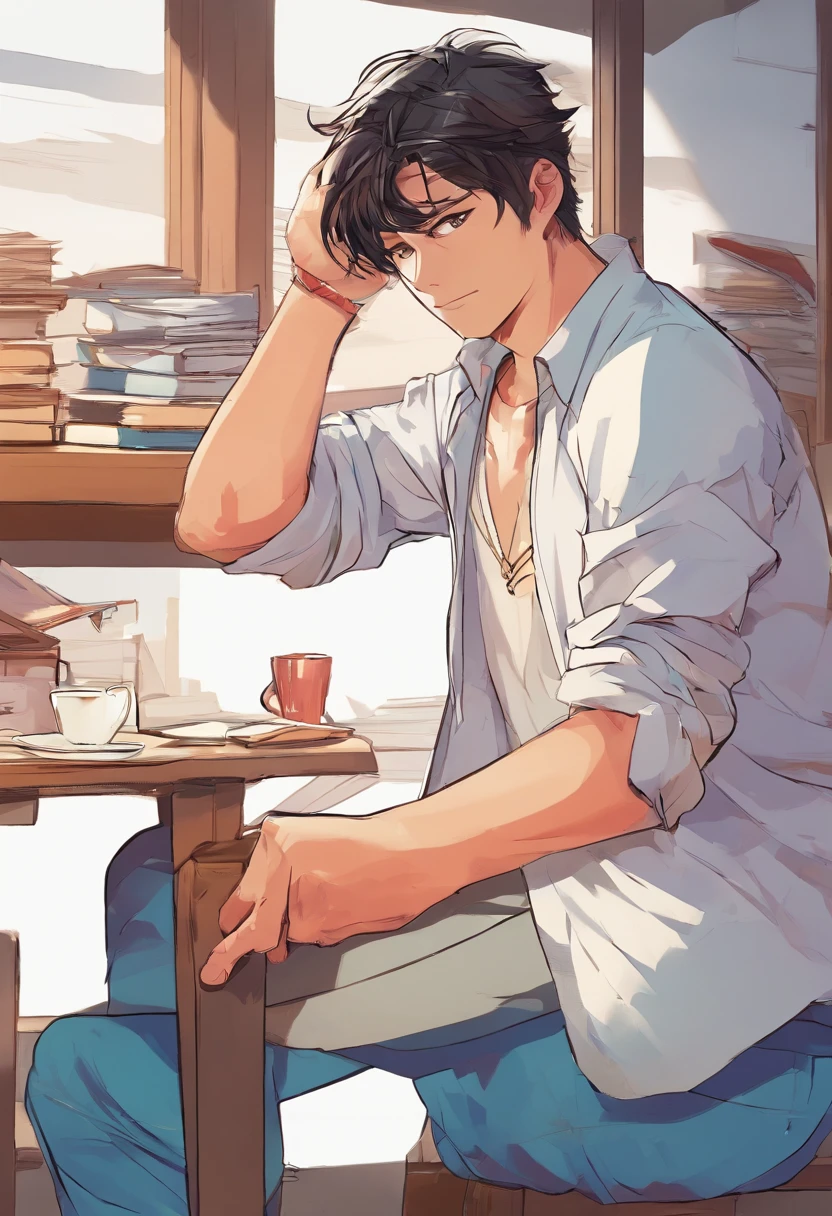 A battered guy tried to get up from the floor, He put one hand on his face, Exhausted, Tired, His hands were on his hair, Elegant white shirt, Simple style, comic artstyle, cold lighting, anime big breast, Short brown hair, comic strip, top-quality、Top image quality、tmasterpiece, visual art, Extreme space illustration