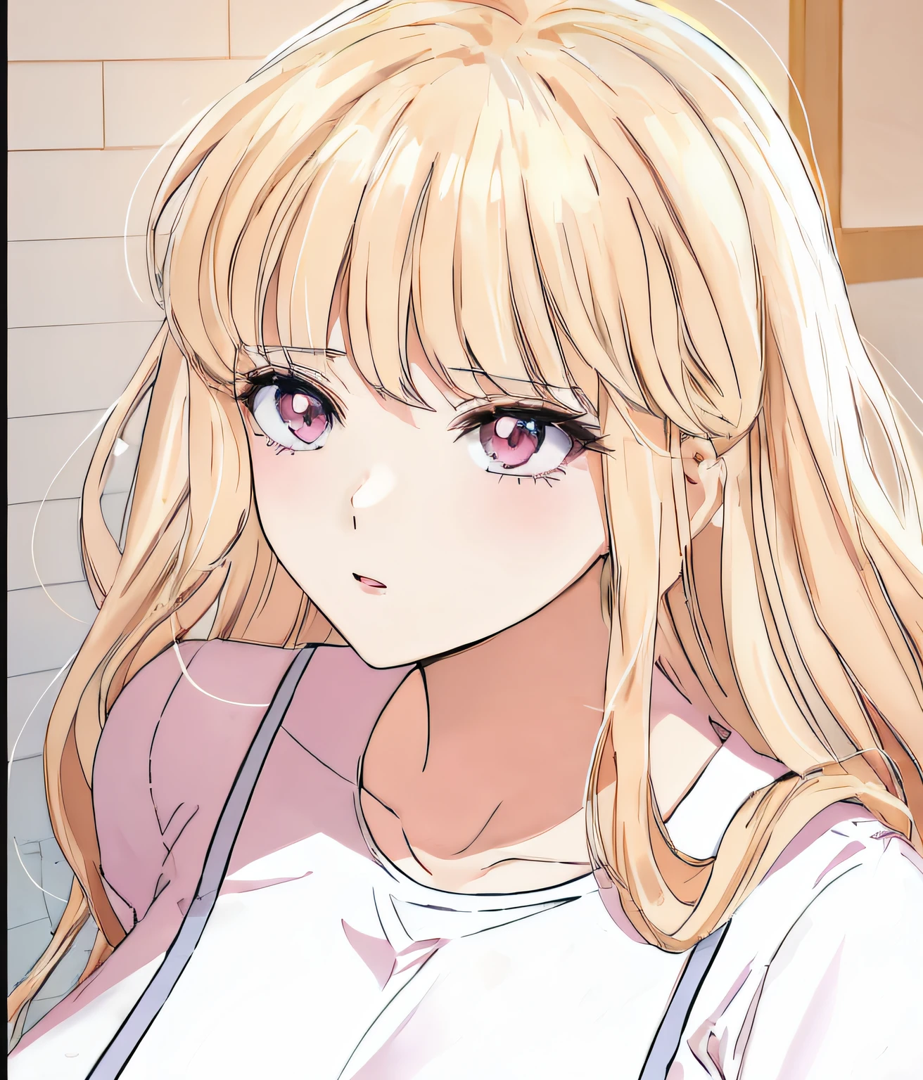 anime girl with long blonde hair and pink shirt looking at camera, blonde anime girl with long hair, kawaii realistic portrait, marin kitagawa fanart, cute natural anime face, digital anime illustration, painted in anime painter studio, extremely cute anime girl face, ecchi anime style, anime girl with long hair, anime moe artstyle, 🤤 girl portrait, anime style portrait