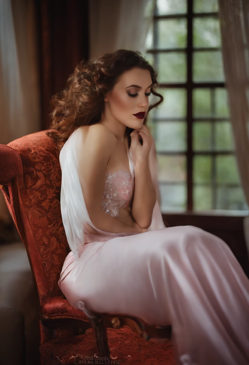 "Captivating and stunning fit 21 year old girl, effortlessly lounging on a luxurious sofa, legs gracefully crossed, bathed in soft ambient light, full-body portrait, adorned in transparent baby doll lingerie, side boob, strikingly realistic, engaging gaze towards the viewer, hidden hands, sexy pose