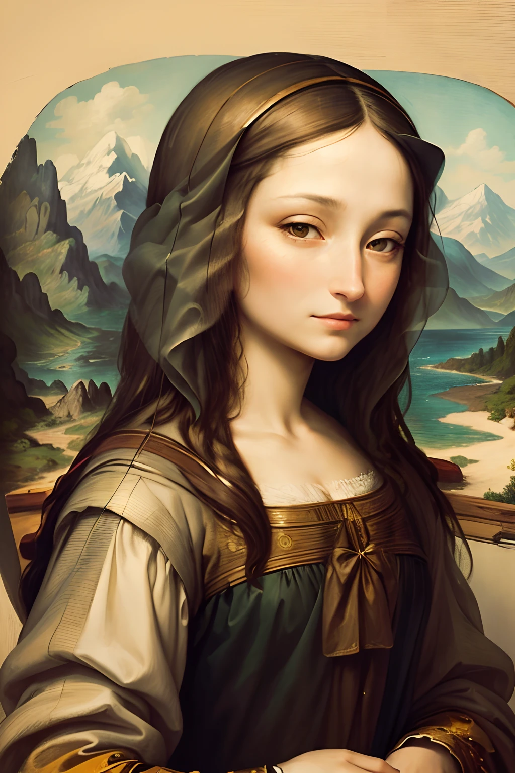 The Mona Lisa became an elegant lady,Eyebrows are also normal,The picture is mainly yellow and white,The mountains behind are predominantly light gray-green